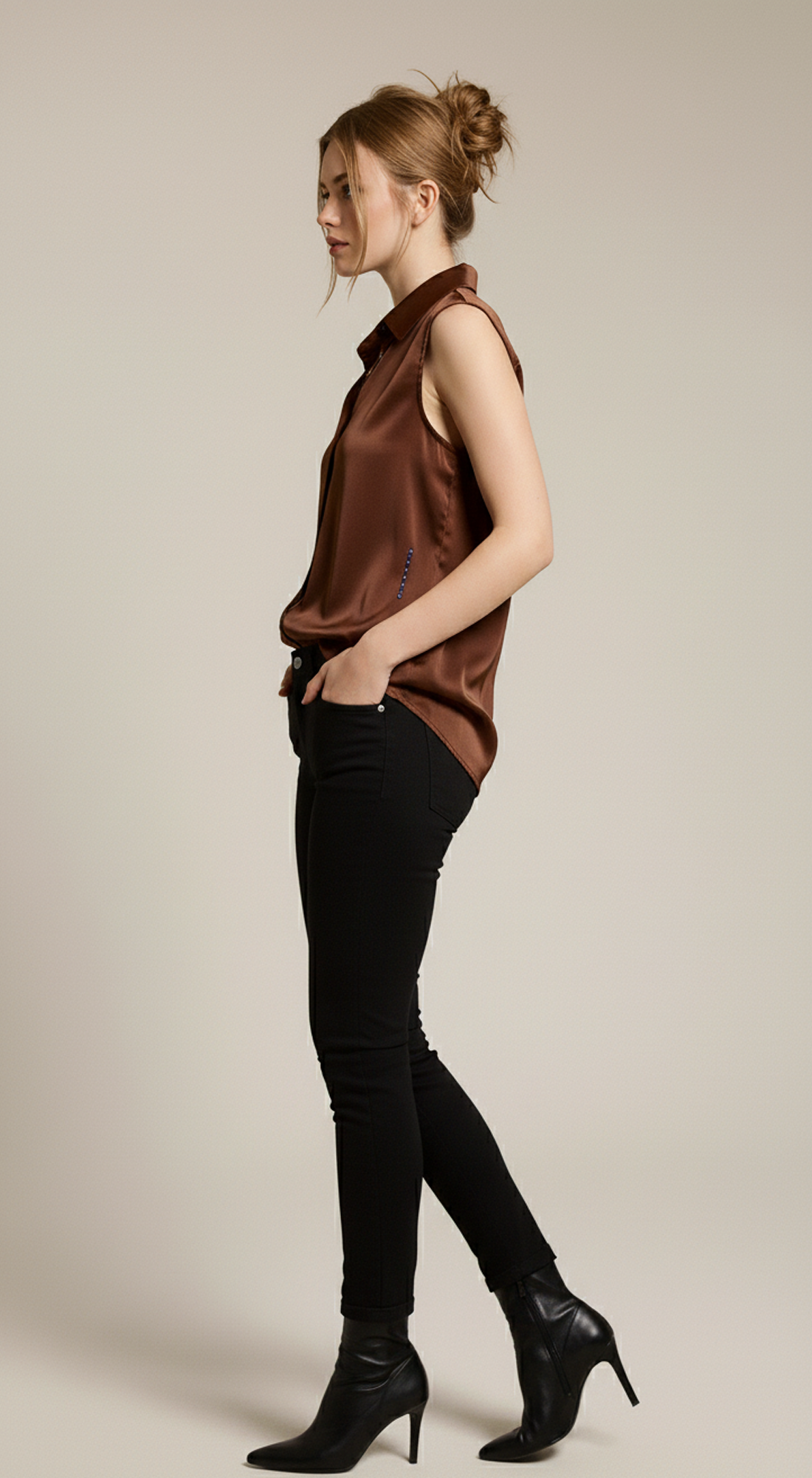 Womens Sleeveless Satin Button down Blouse