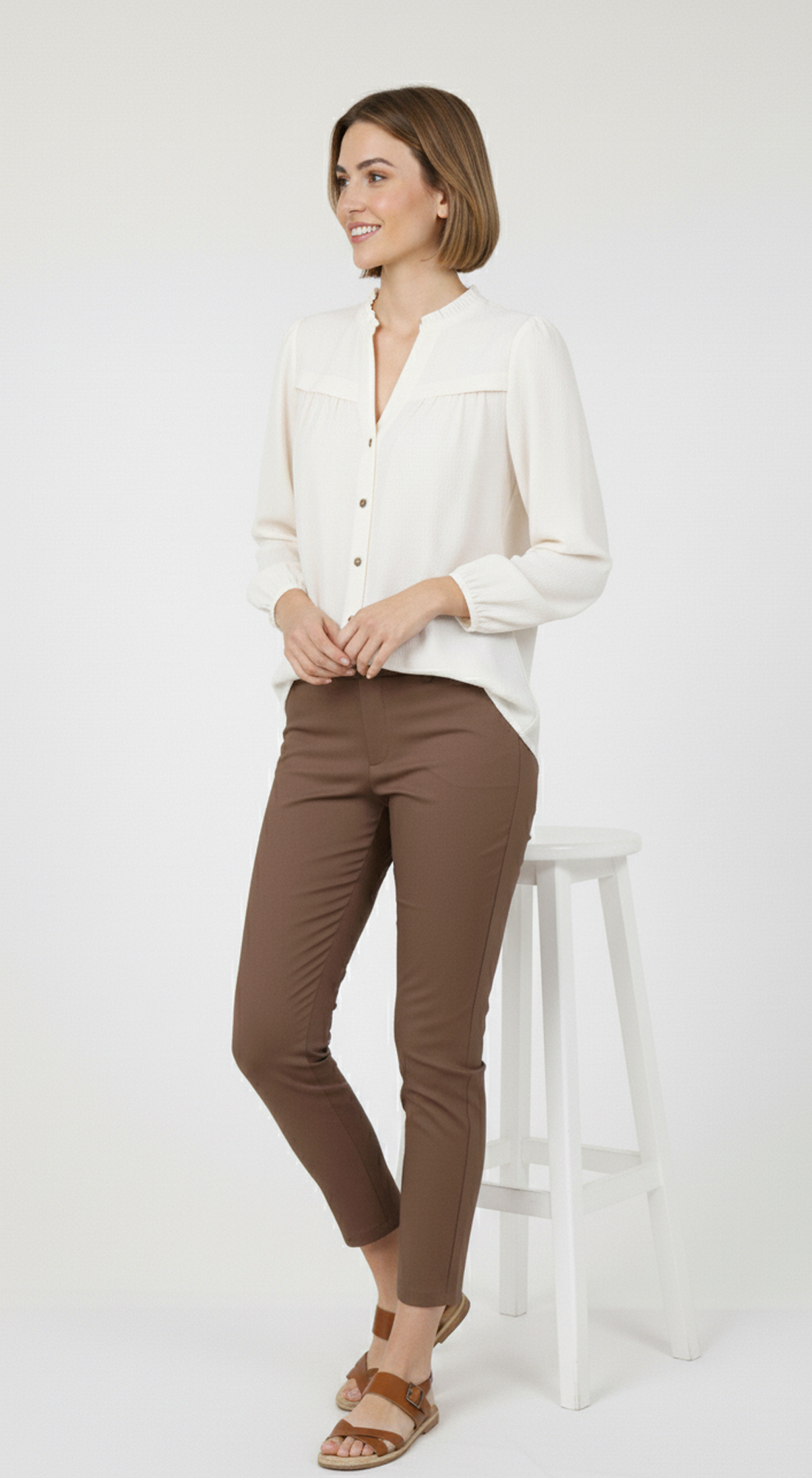 Ruffle Neck Button Down Long Sleeve Top