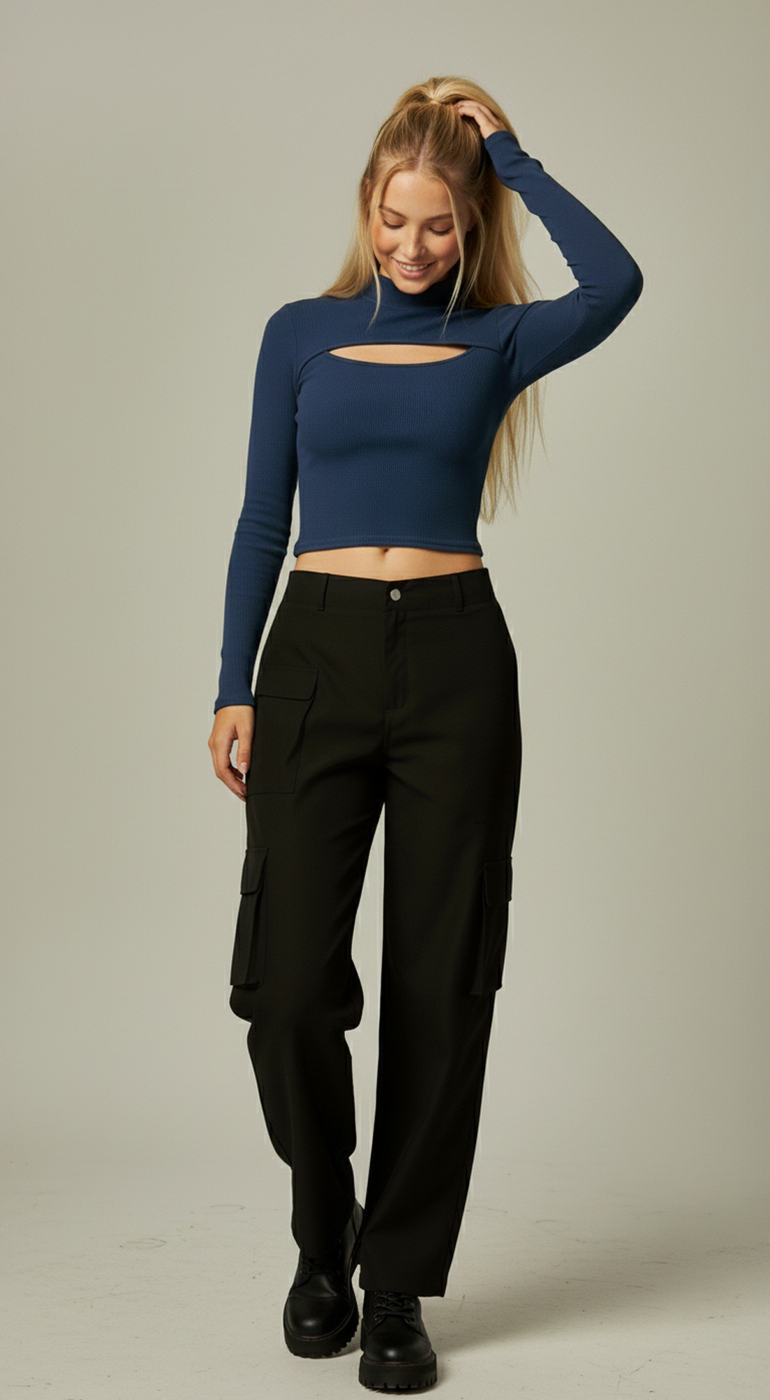 Micro Ribbed Peekaboo Mock Neck Long Sleeve Top