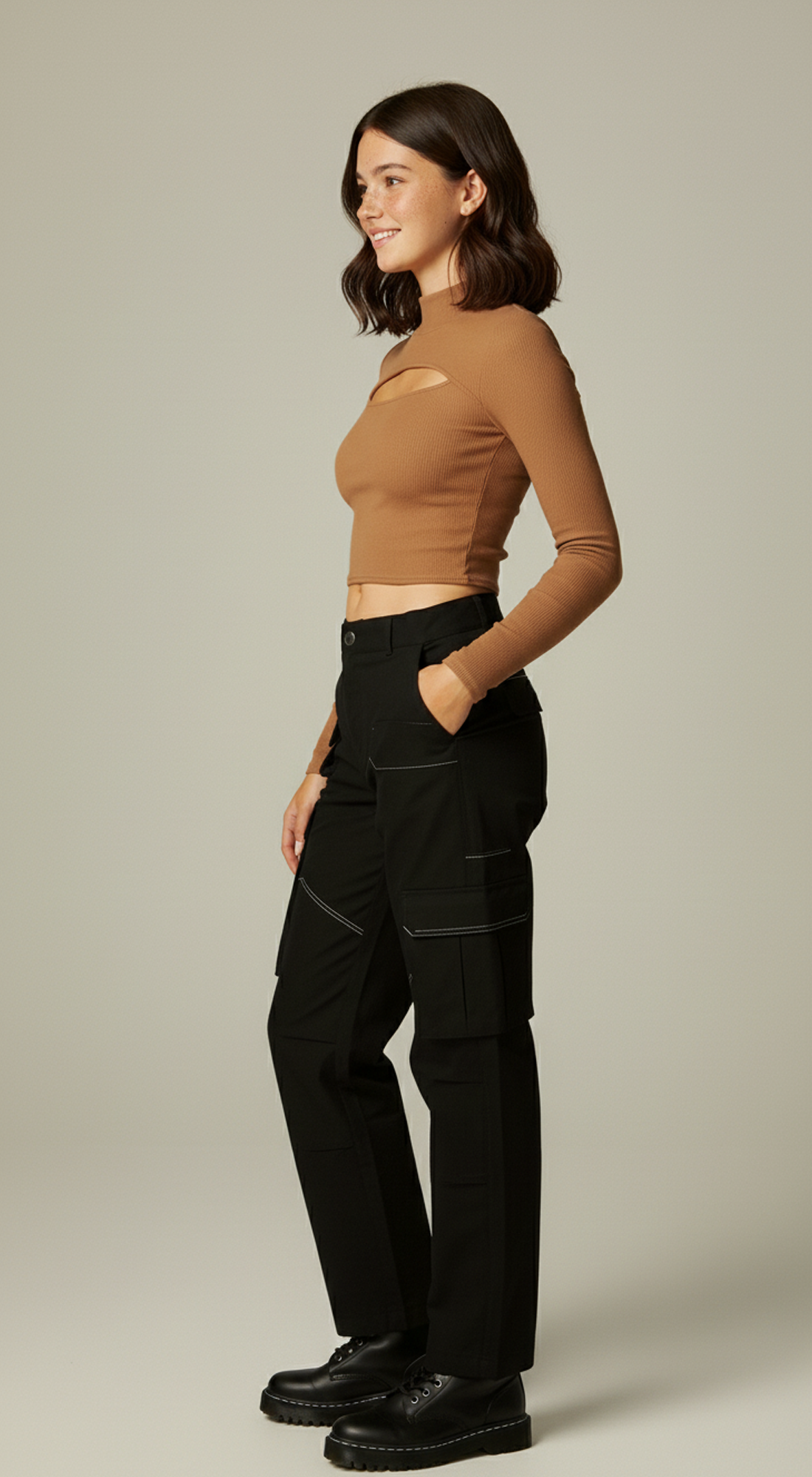 Micro Ribbed Peekaboo Mock Neck Long Sleeve Top