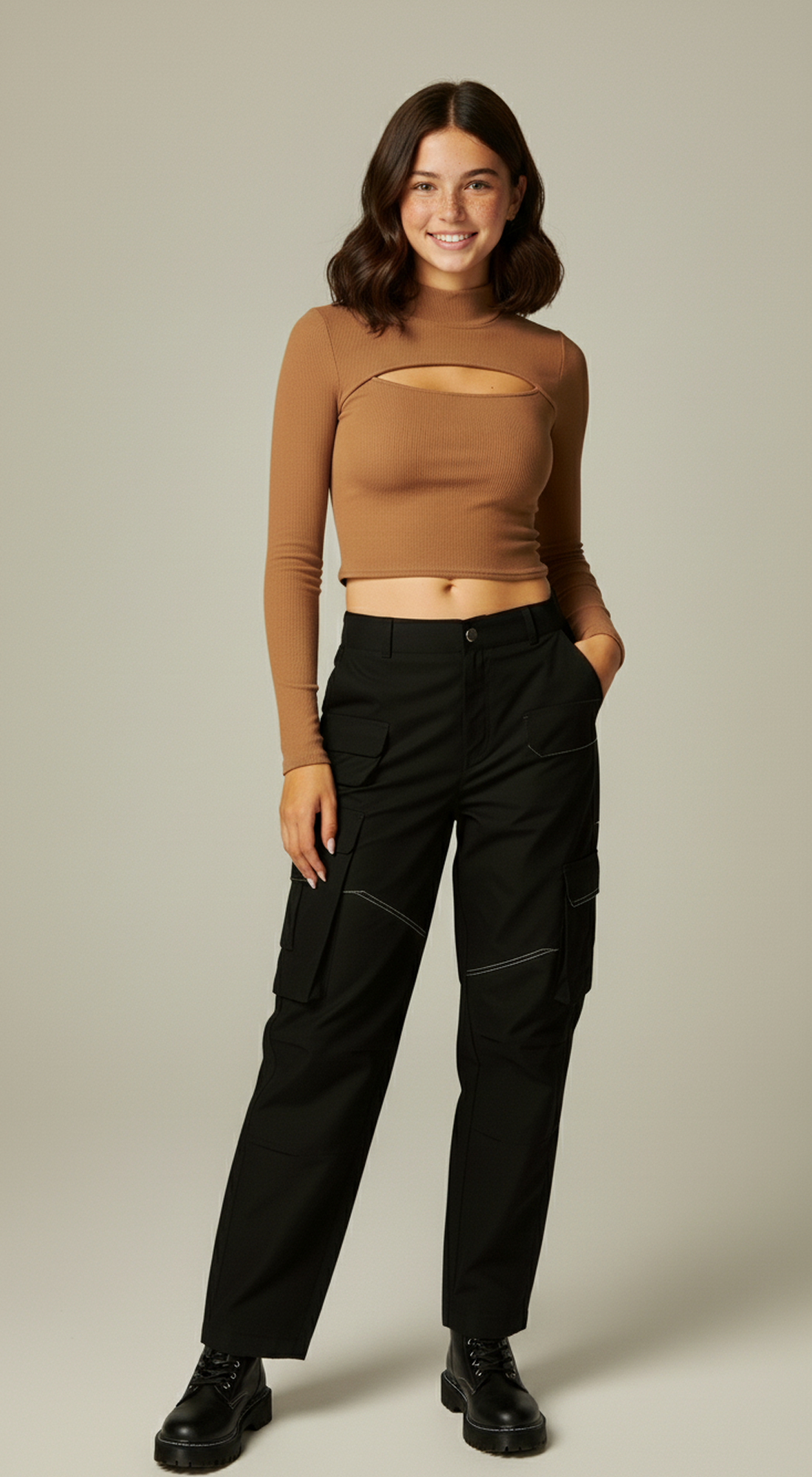 Micro Ribbed Peekaboo Mock Neck Long Sleeve Top