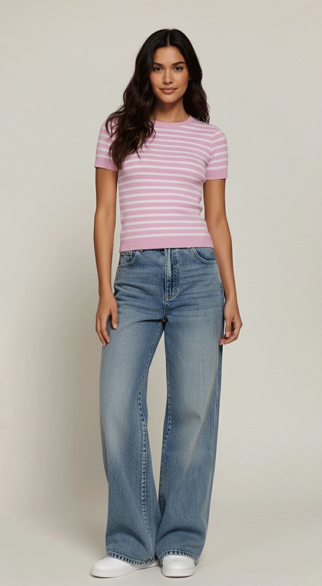 Short Slv Stripe Seamless Top