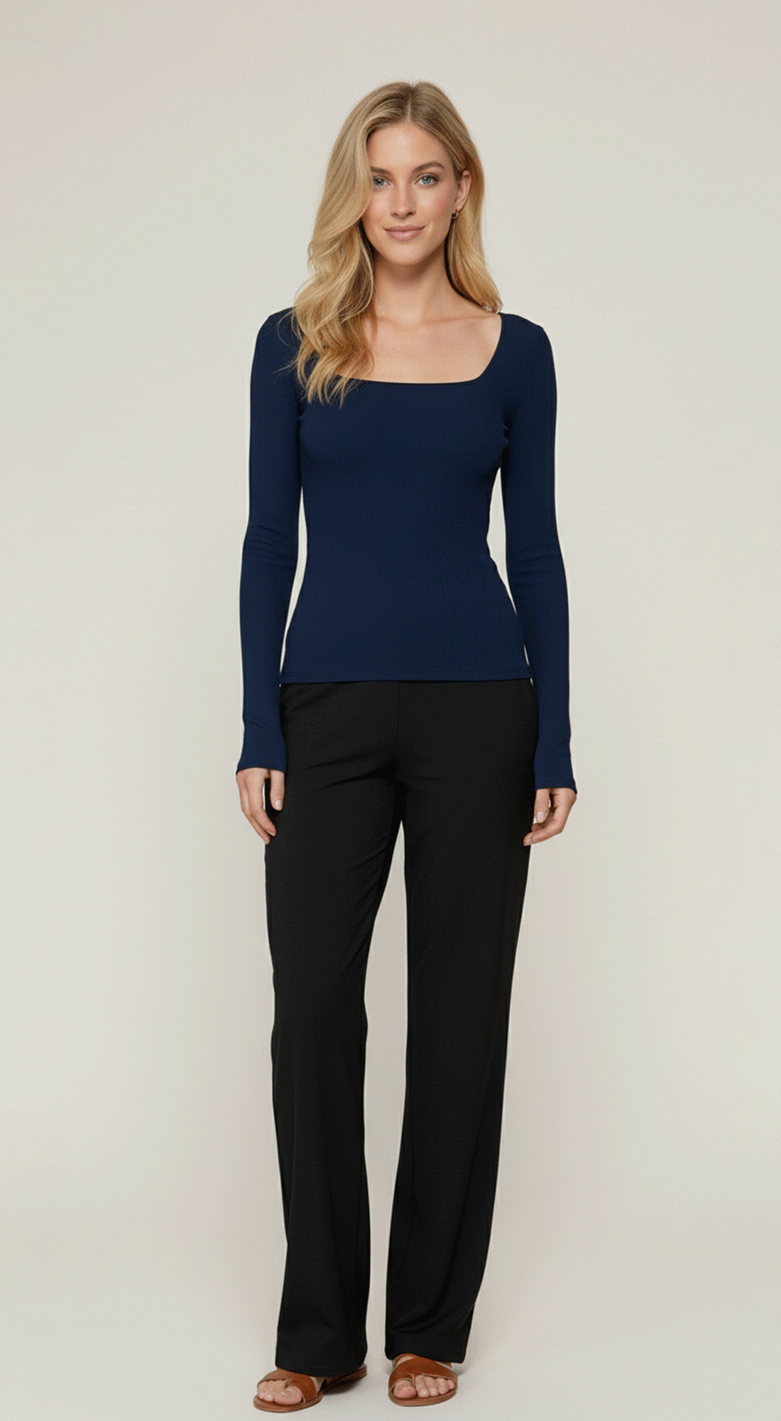 Long Slv Square Neck Double Layer Rib Knit Top