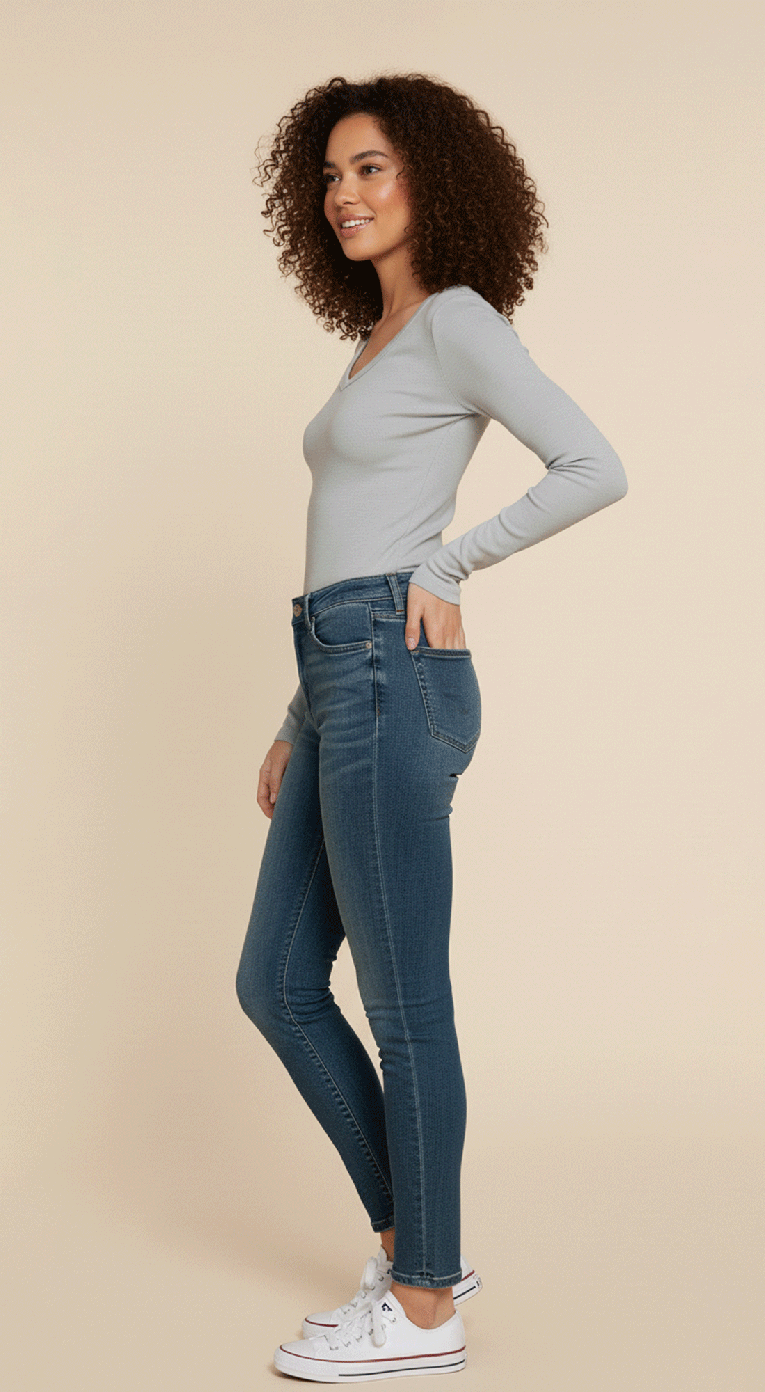 Long Slv V-neck Rib Seamless Top