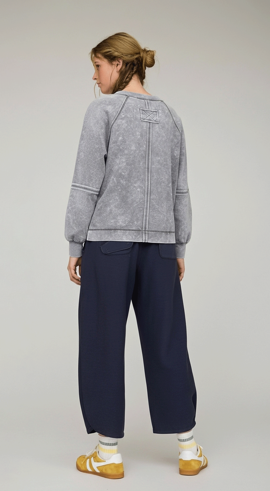 Washed V Neck Exposed Seam Long Sleeve Knit Top
