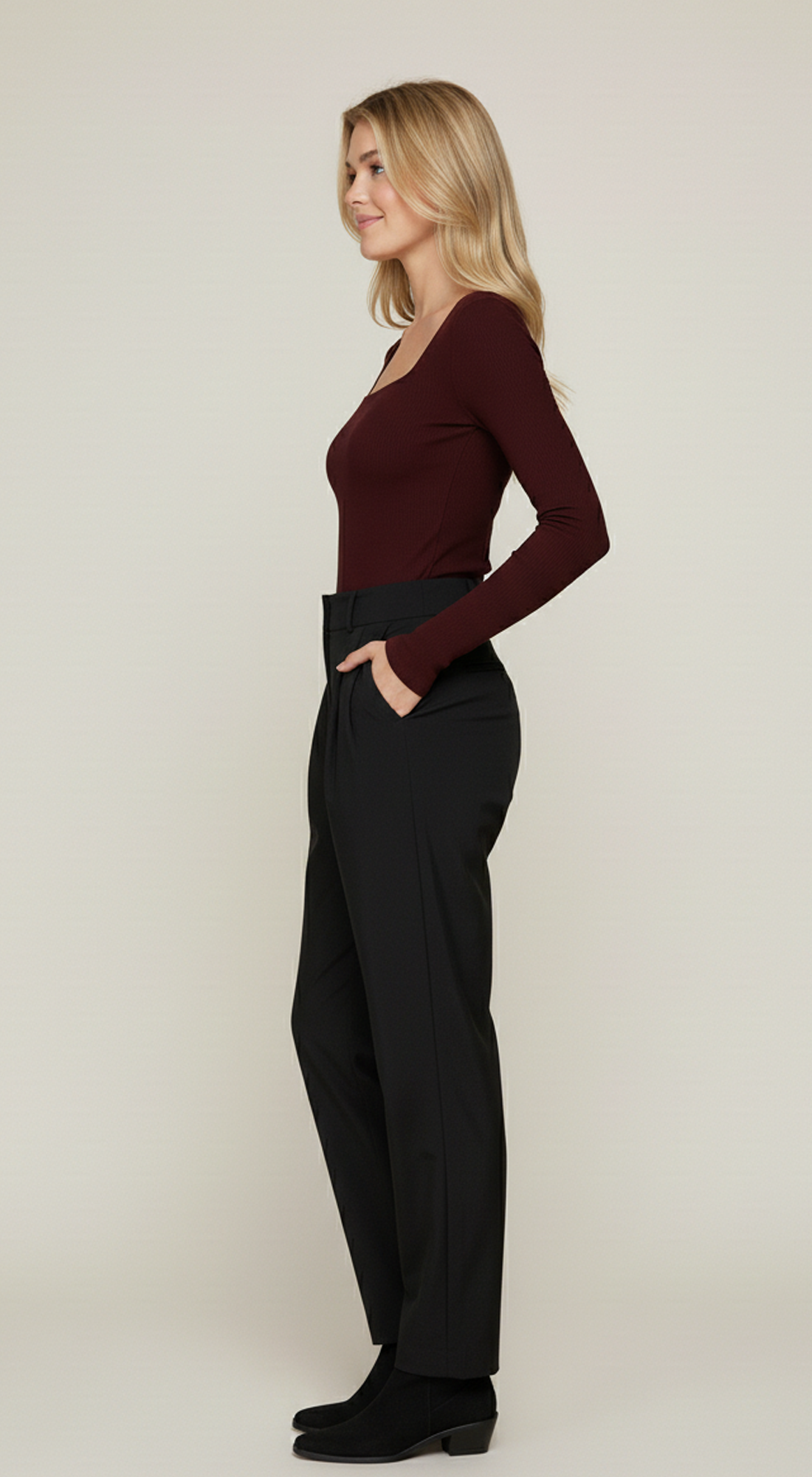Long Slv Square Neck Double Layer Rib Knit Top