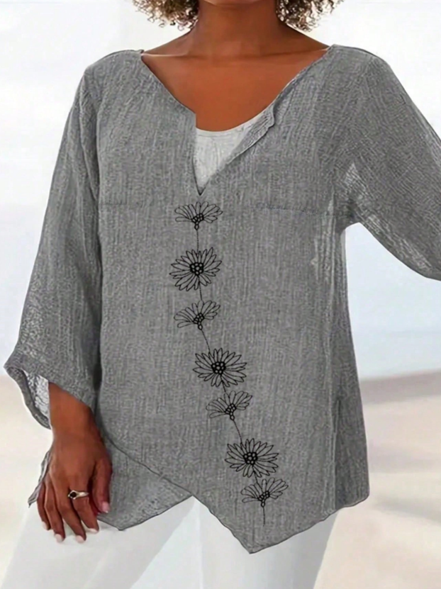 Gray Floral Embroidered Tunic Top