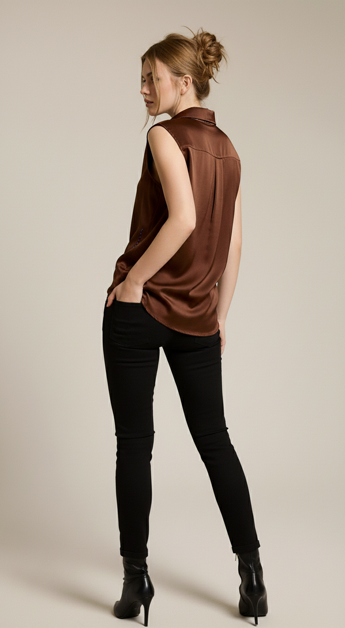 Womens Sleeveless Satin Button down Blouse