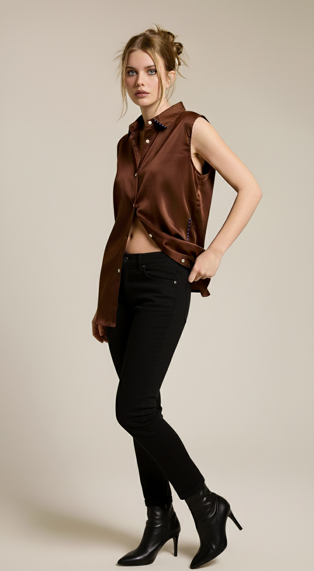 Womens Sleeveless Satin Button down Blouse