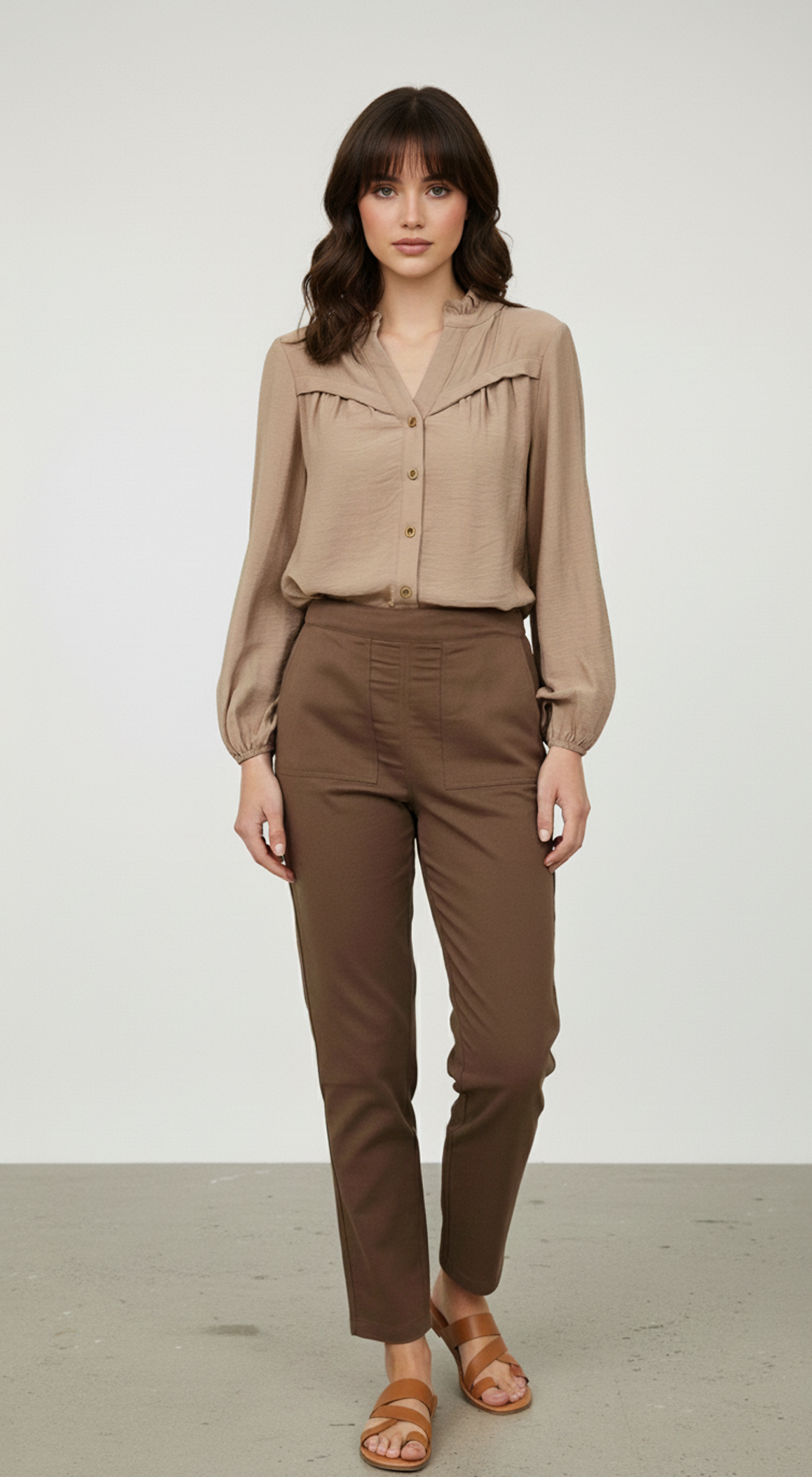 Ruffle Neck Button Down Long Sleeve Top