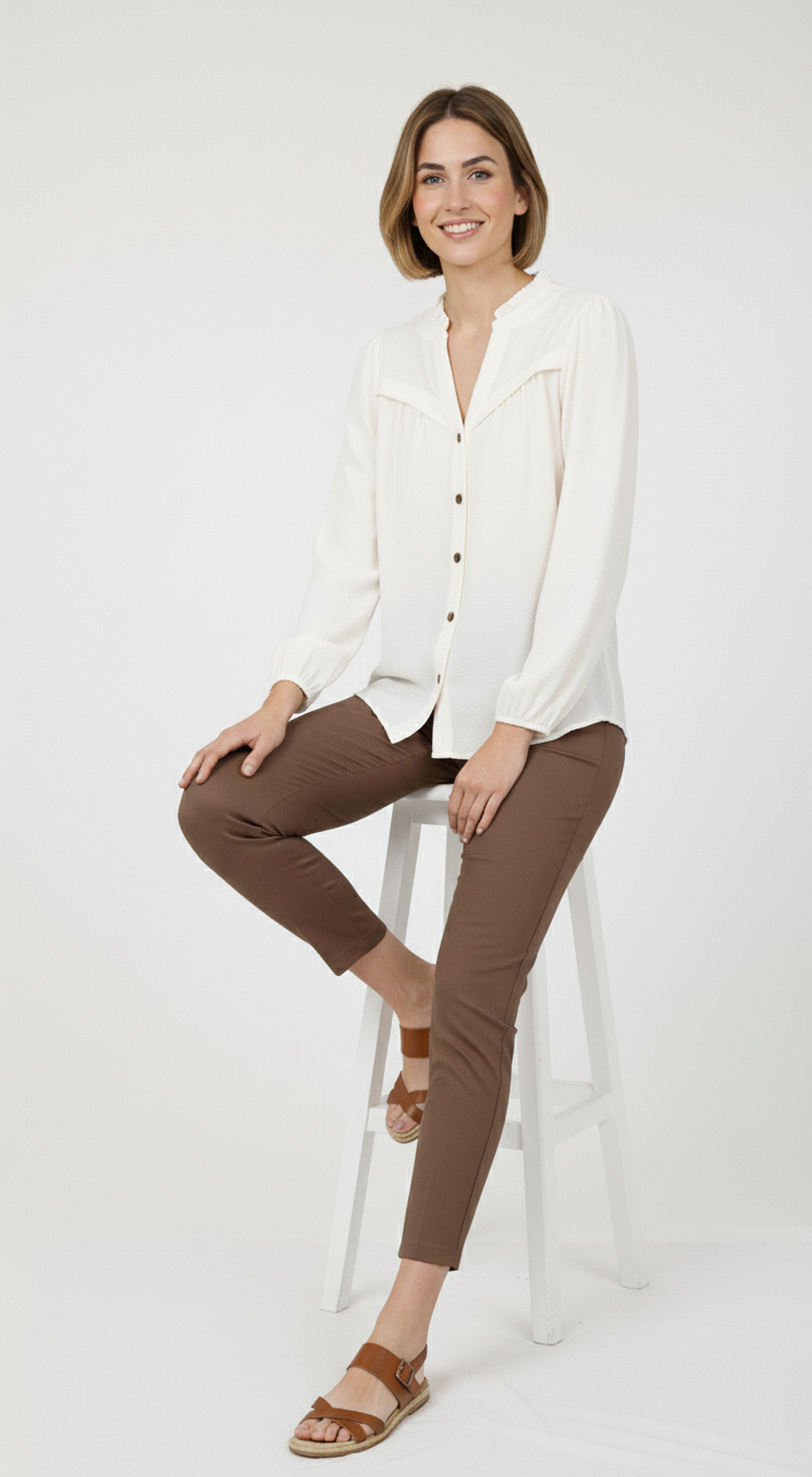 Ruffle Neck Button Down Long Sleeve Top