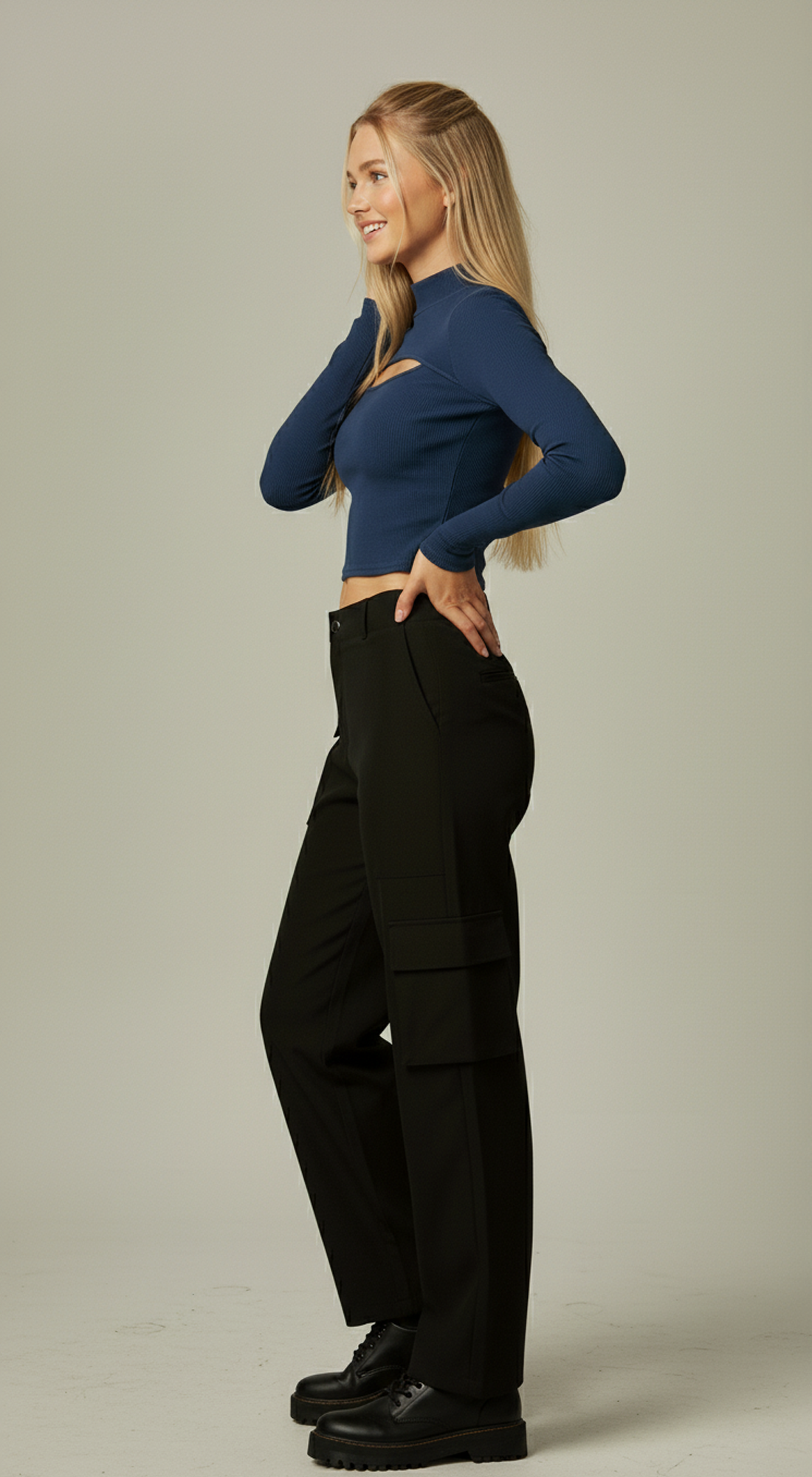 Micro Ribbed Peekaboo Mock Neck Long Sleeve Top