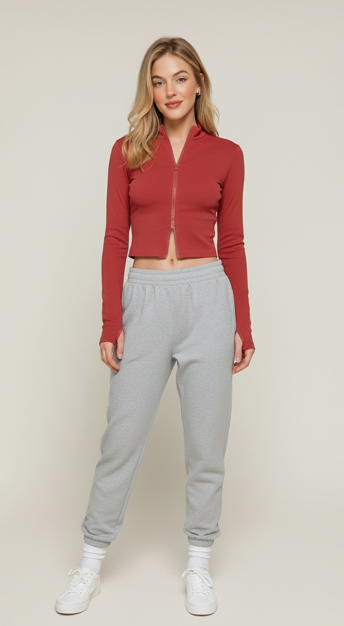Thumbholes Mock Neck Zip Up Seamless Top