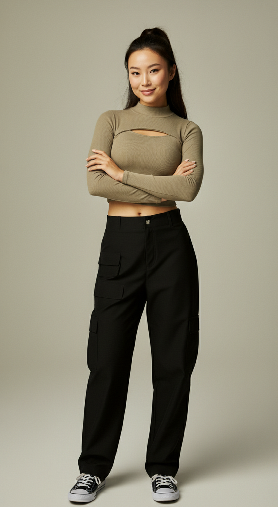 Micro Ribbed Peekaboo Mock Neck Long Sleeve Top