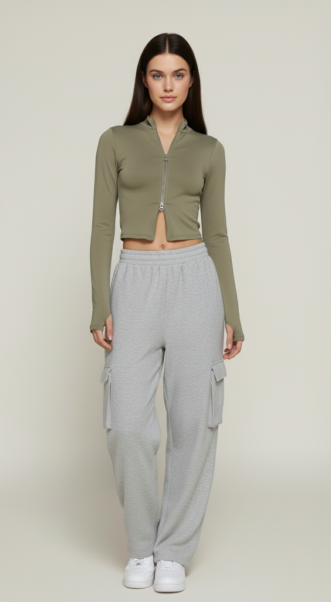 Thumbholes Mock Neck Zip Up Seamless Top