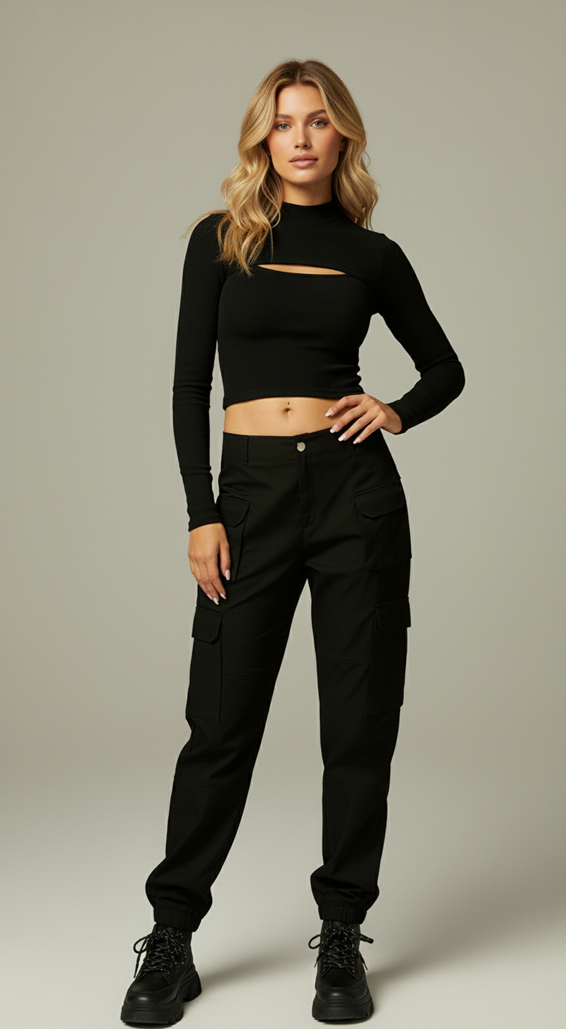 Micro Ribbed Peekaboo Mock Neck Long Sleeve Top