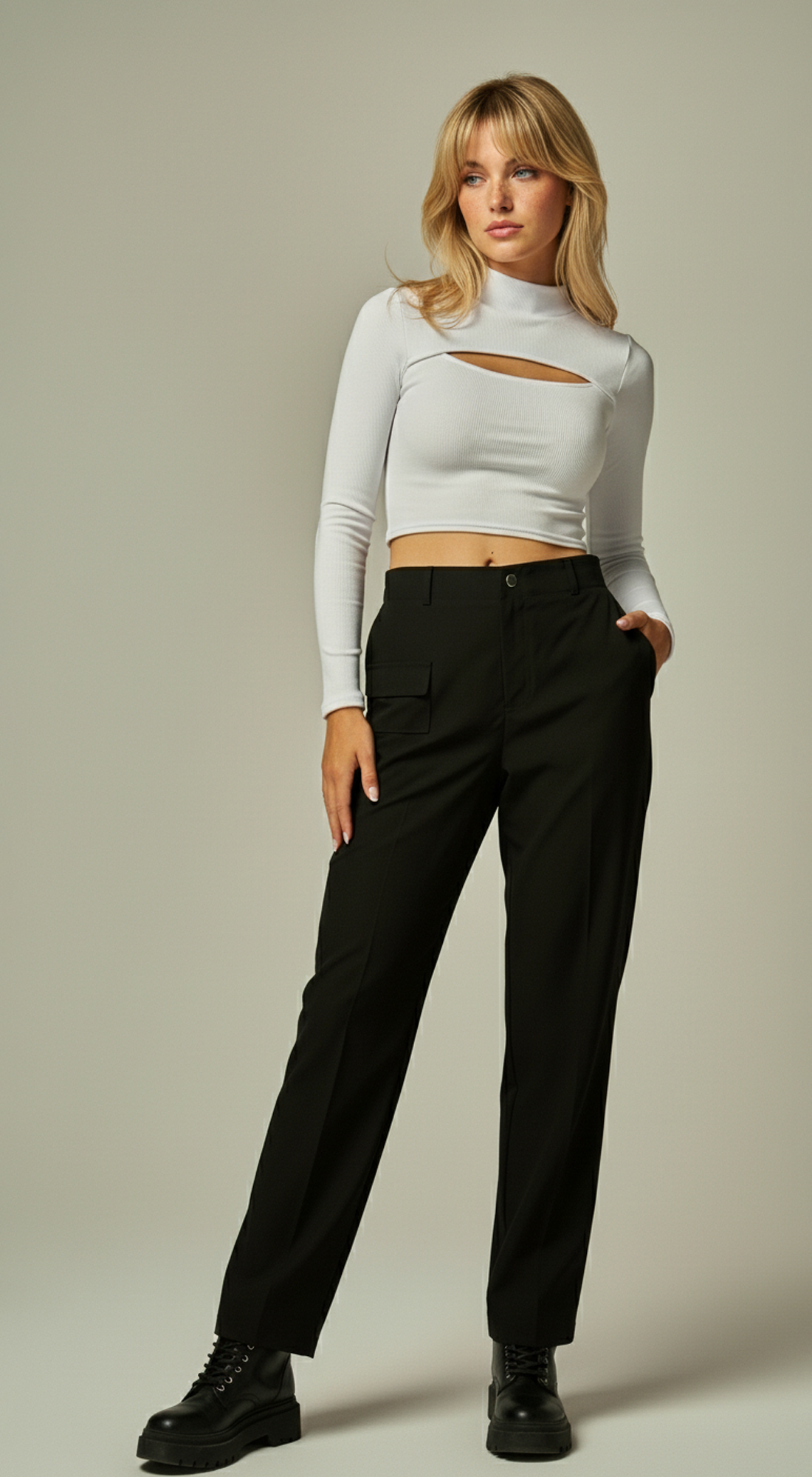 Micro Ribbed Peekaboo Mock Neck Long Sleeve Top