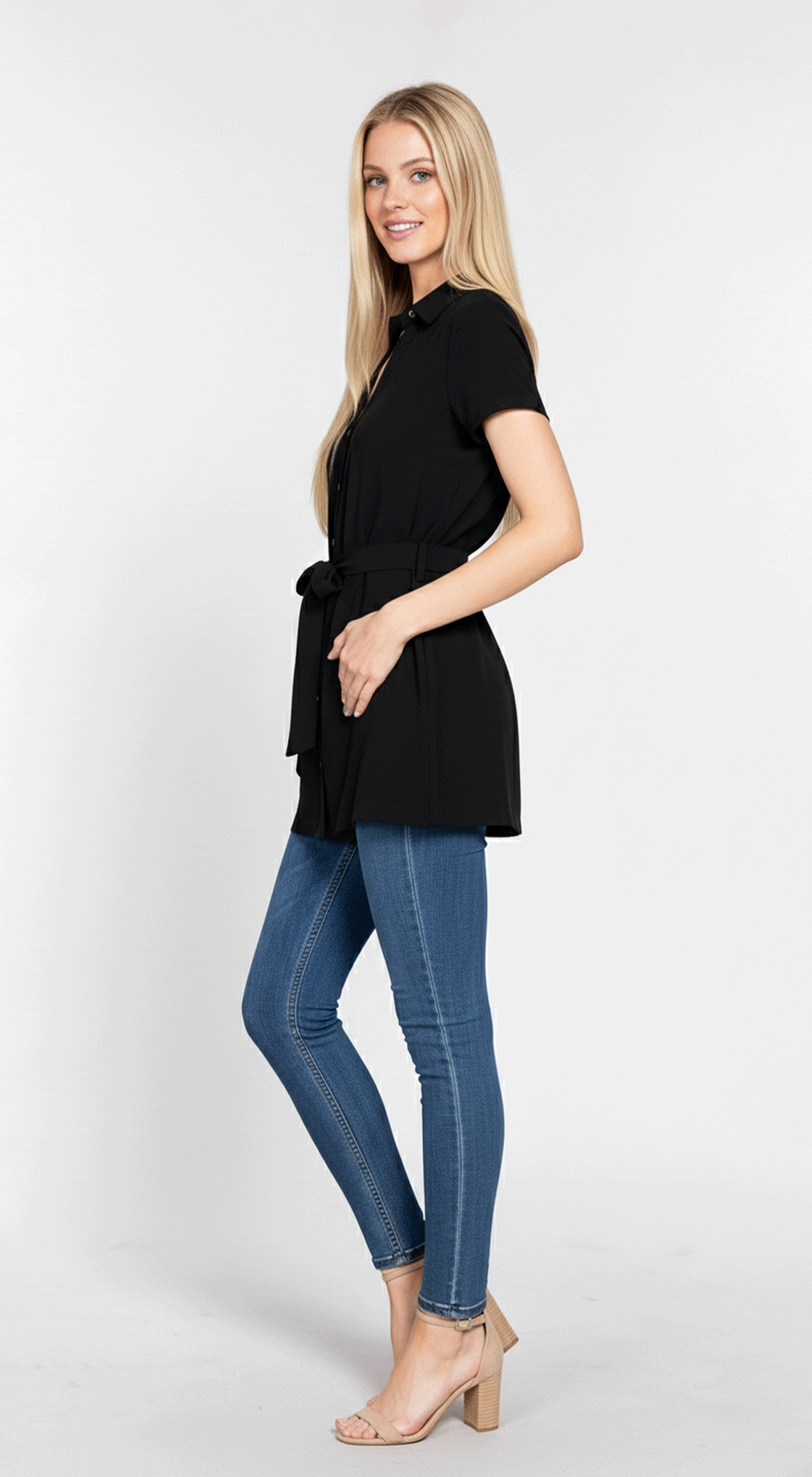 Short Sleeve Button Down Placket With Self Belt T