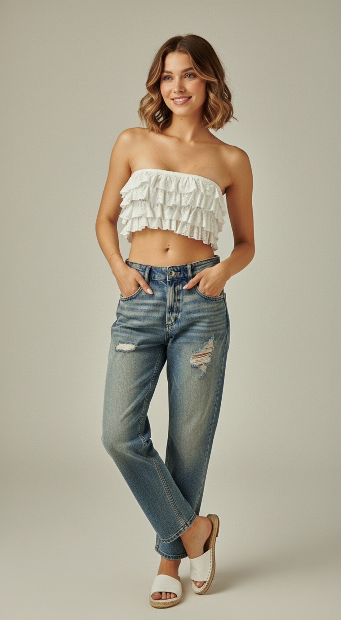 Layered Ruffles Eyelet Bandeau Top
