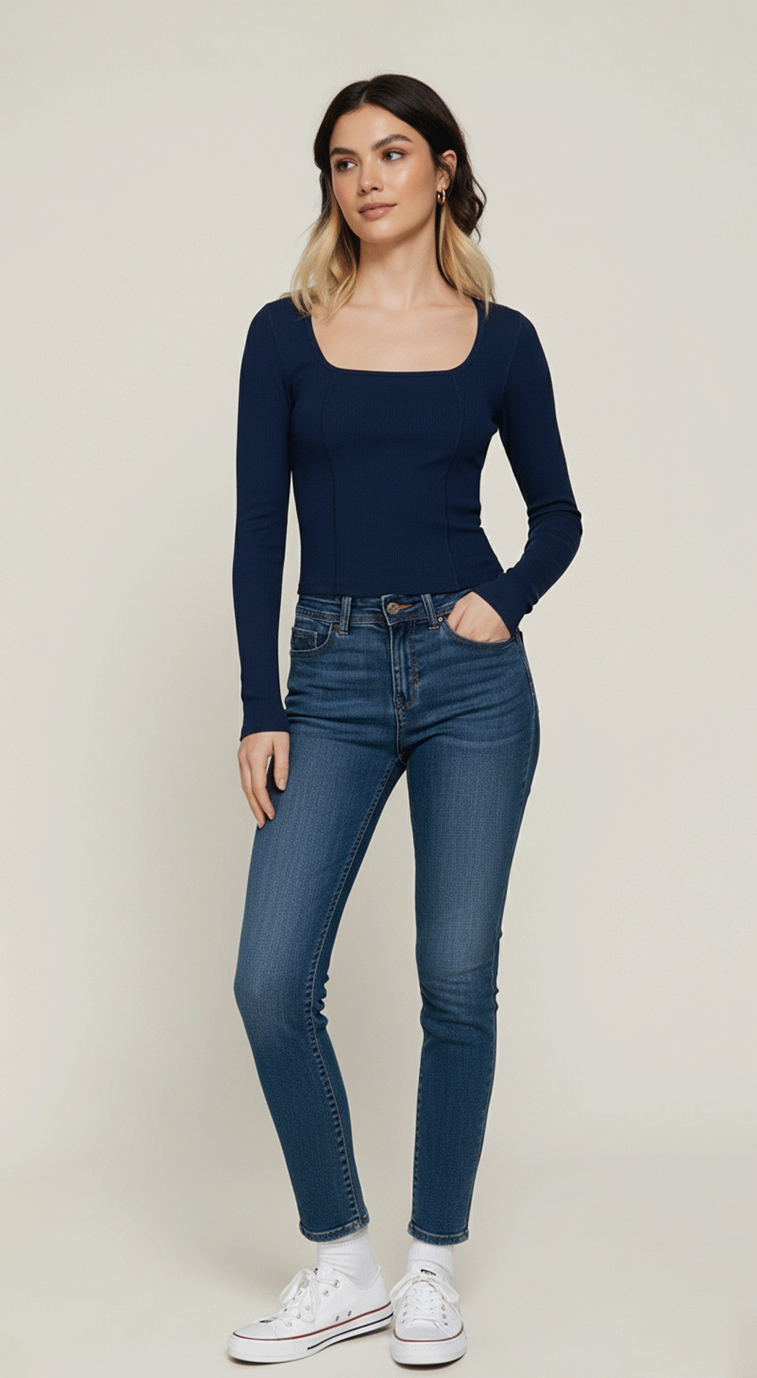 Long Slv Square Neck Corset Detail Knit Top