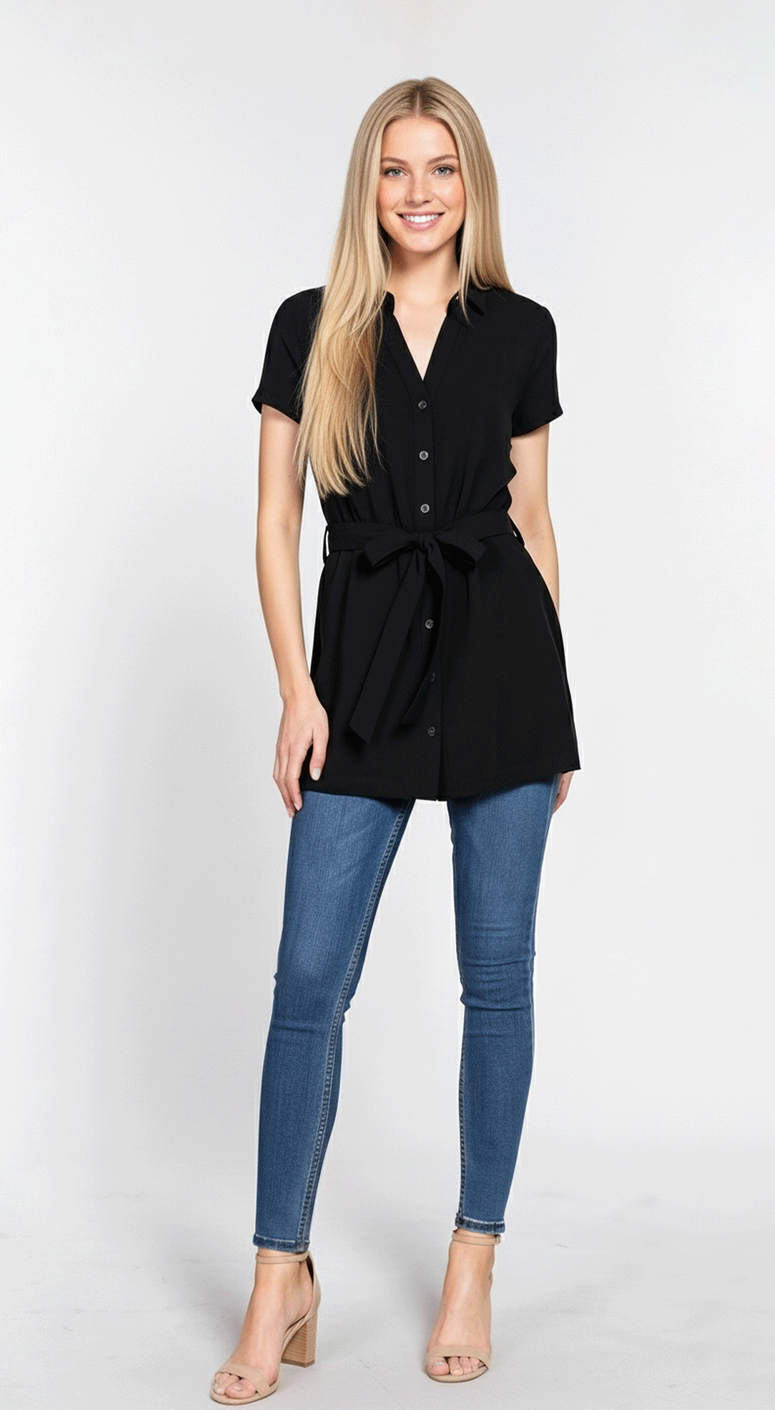 Short Sleeve Button Down Placket With Self Belt T