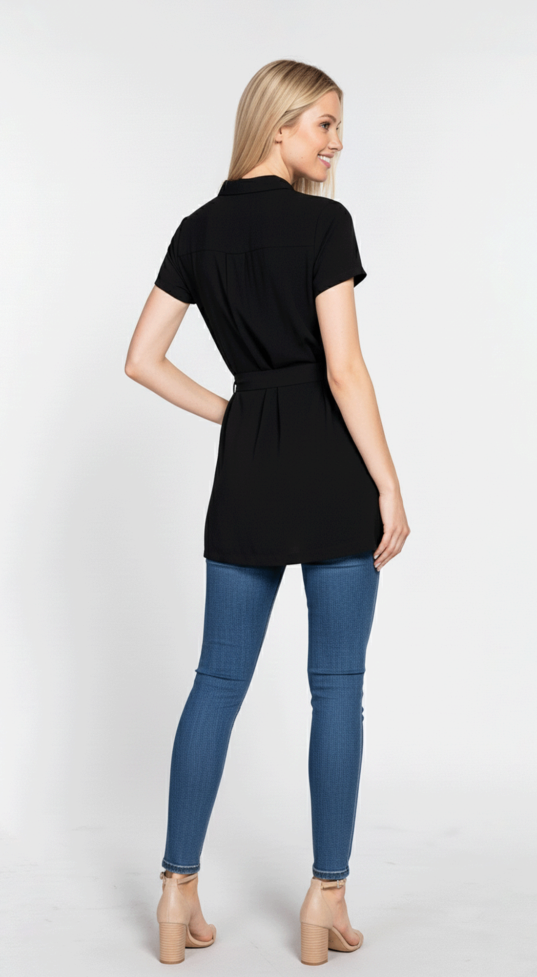 Short Sleeve Button Down Placket With Self Belt T