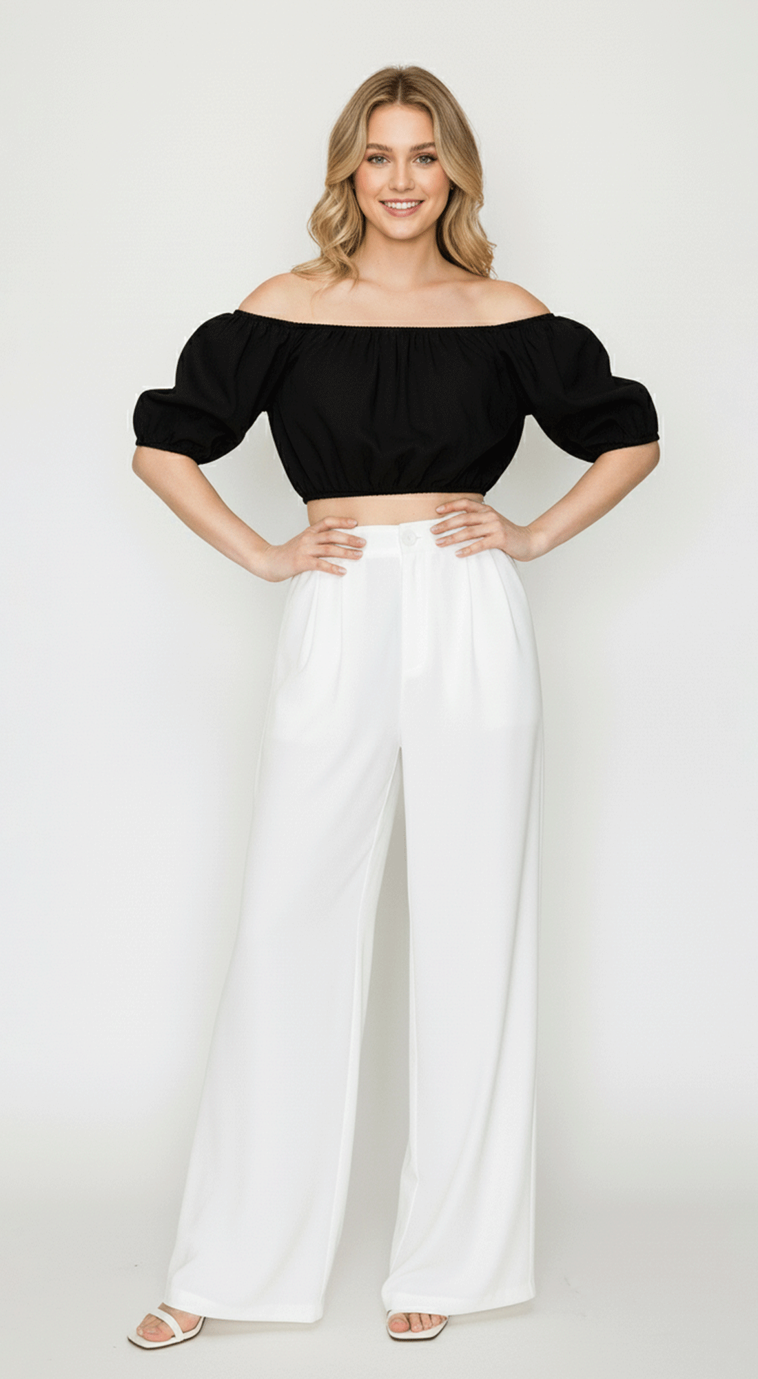 Off shoulder Balloon Solid Crop Top