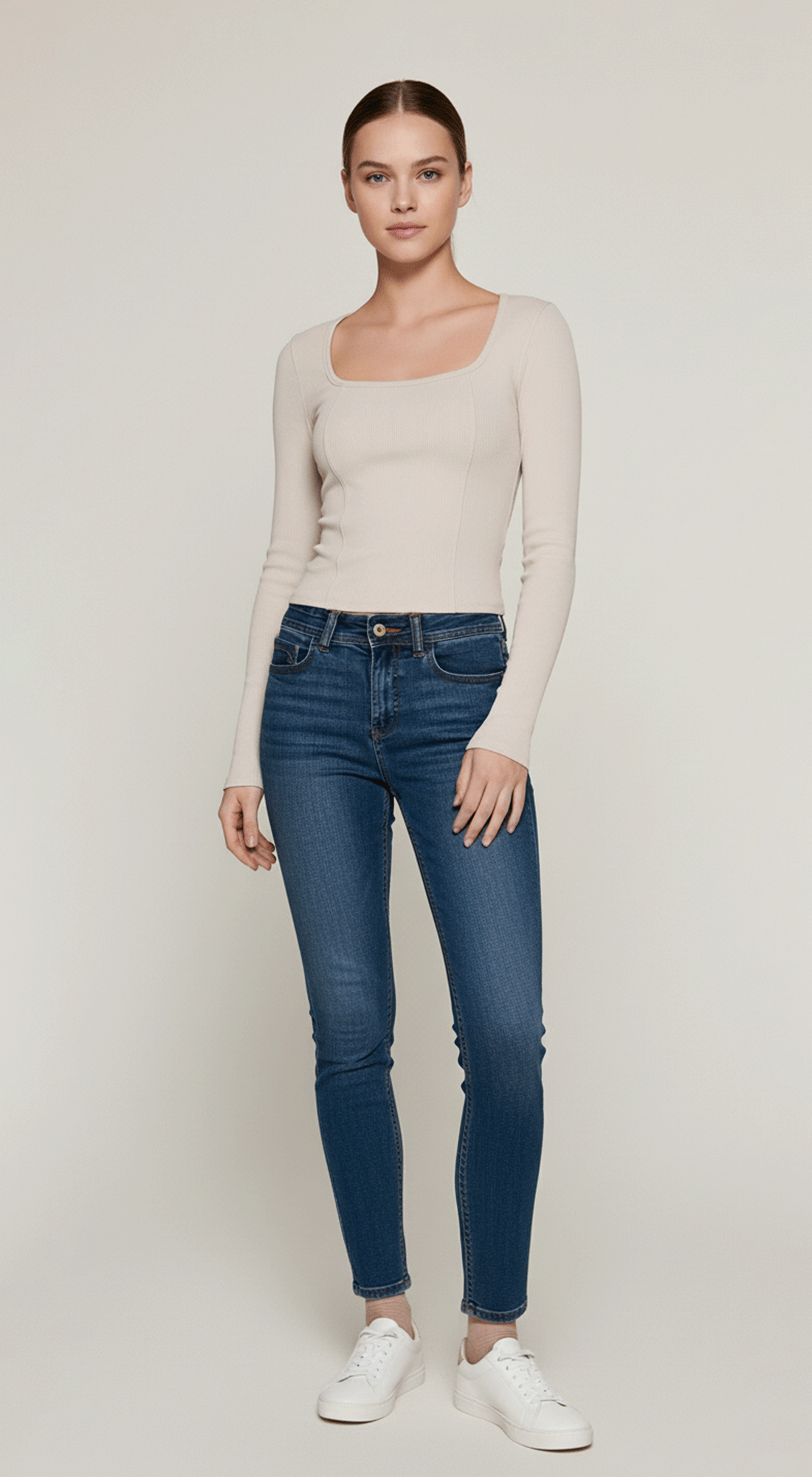 Long Slv Square Neck Corset Detail Knit Top