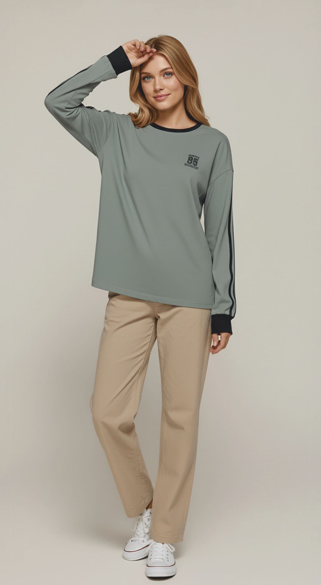 Line Detail Long Slv Embroidery Tee