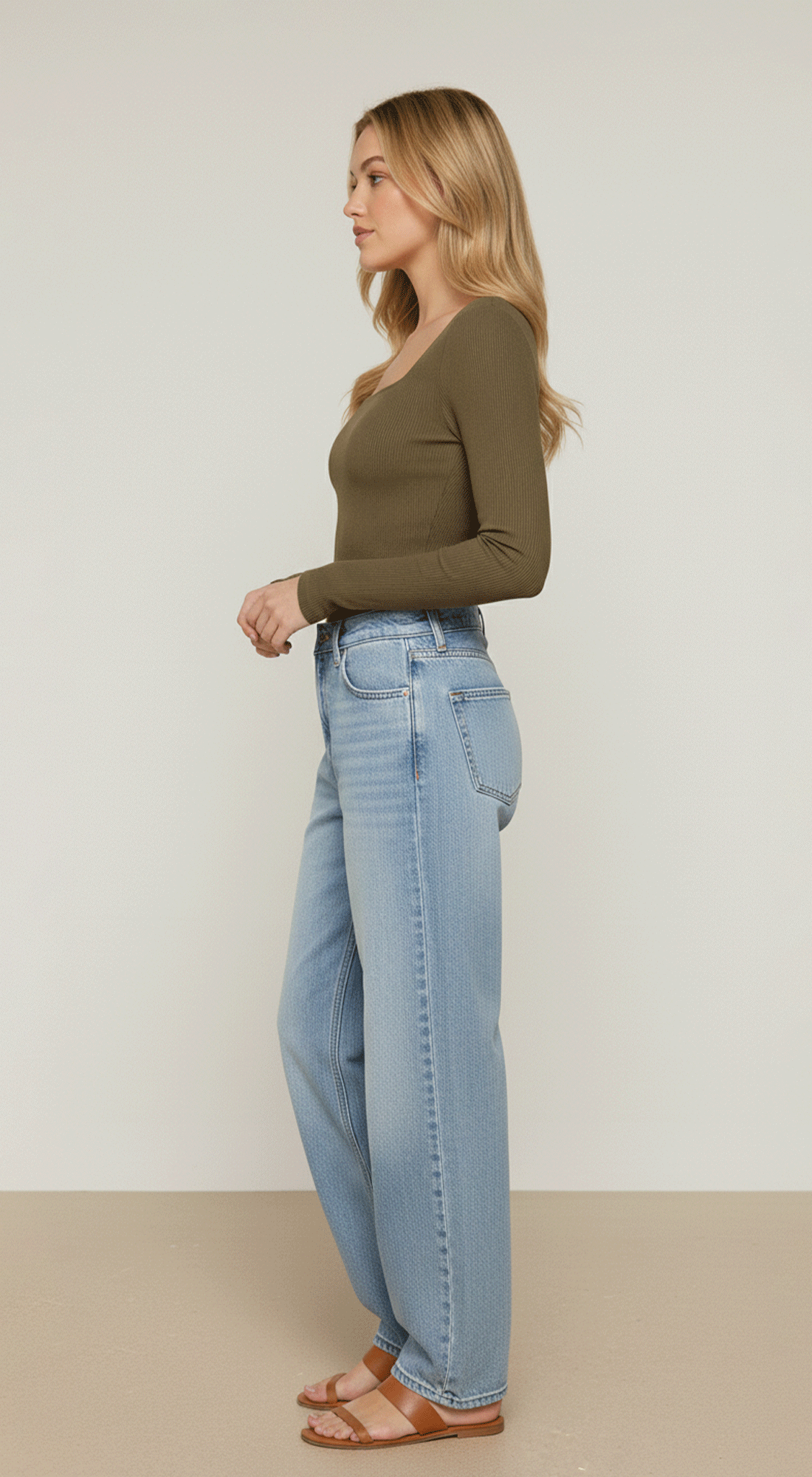 Long Slv Square Neck Double Layer Rib Knit Top