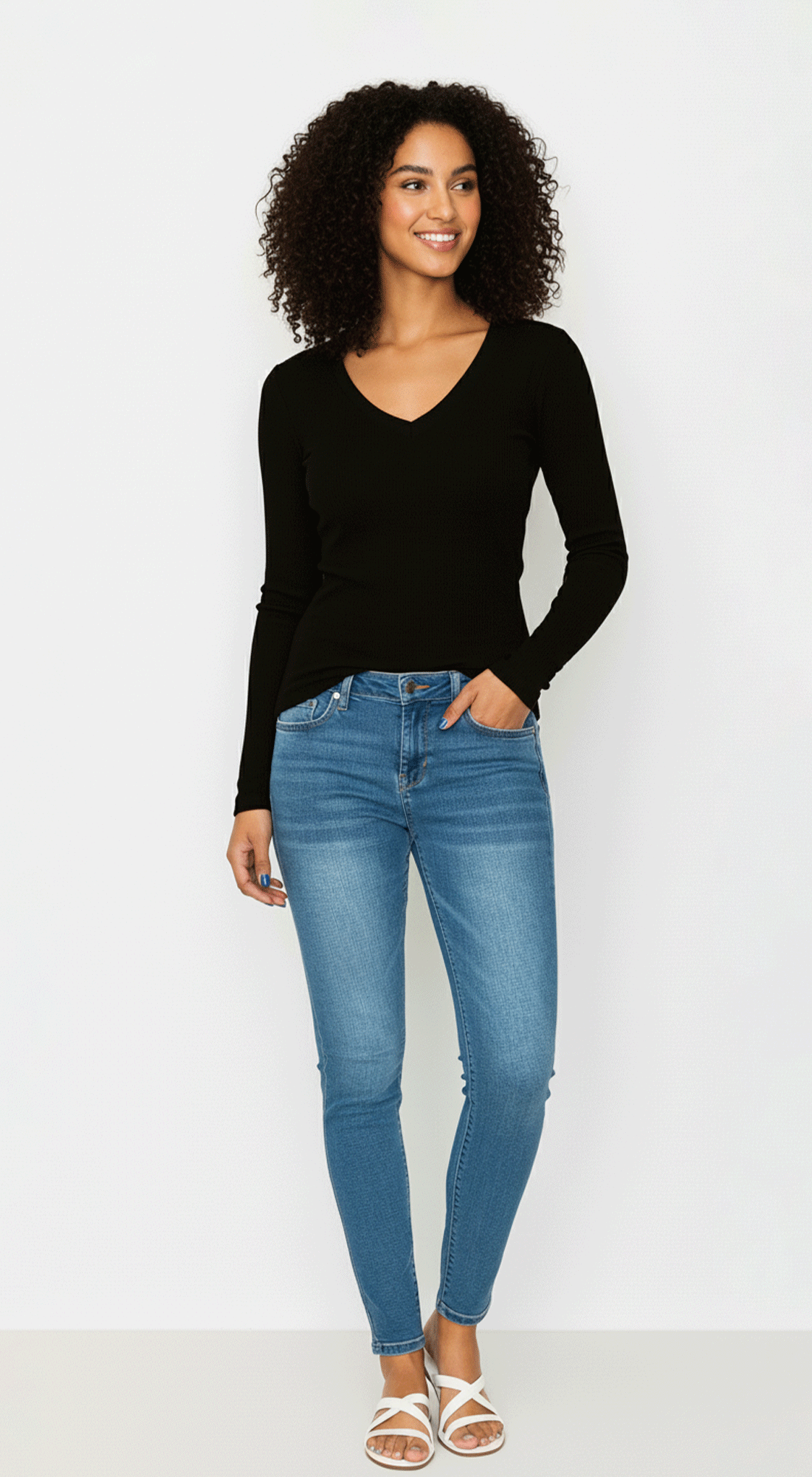 Solid V Neck Long Sleeve
