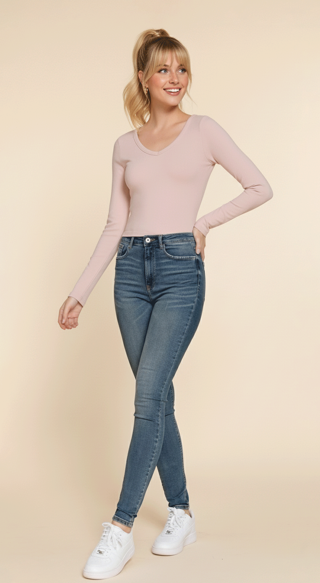 Long Slv V-neck Rib Seamless Top