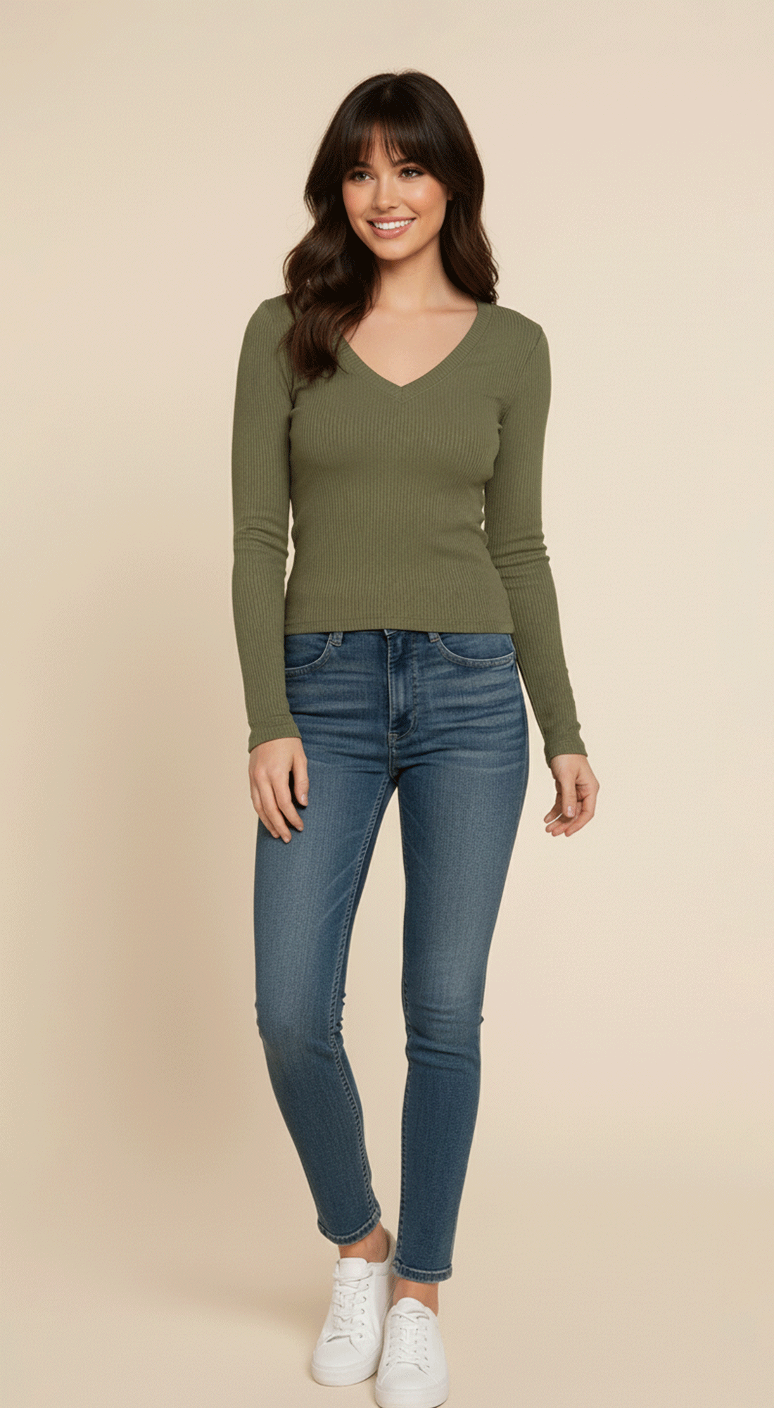 Long Slv V-neck Rib Seamless Top
