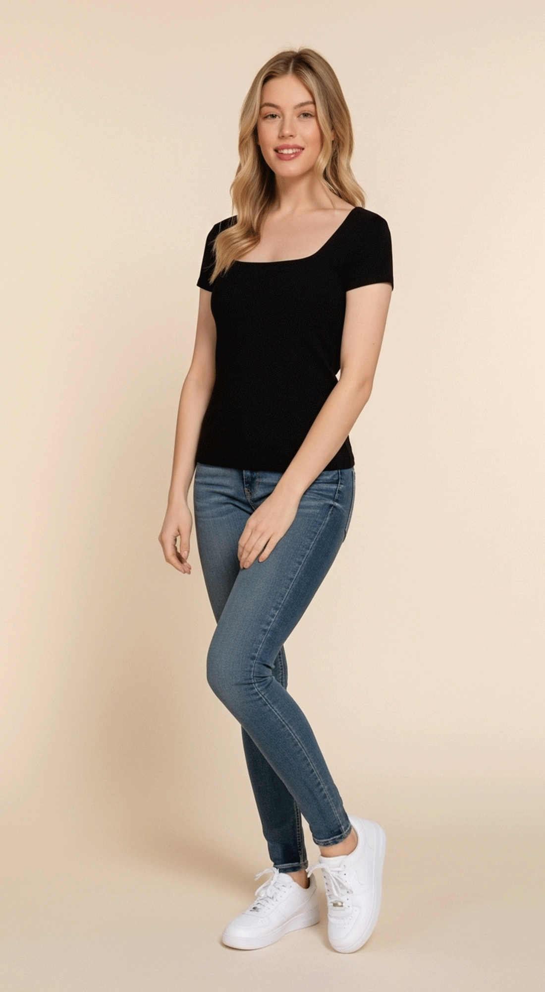Short Slv Square Neck Double Layer Rib Knit Top