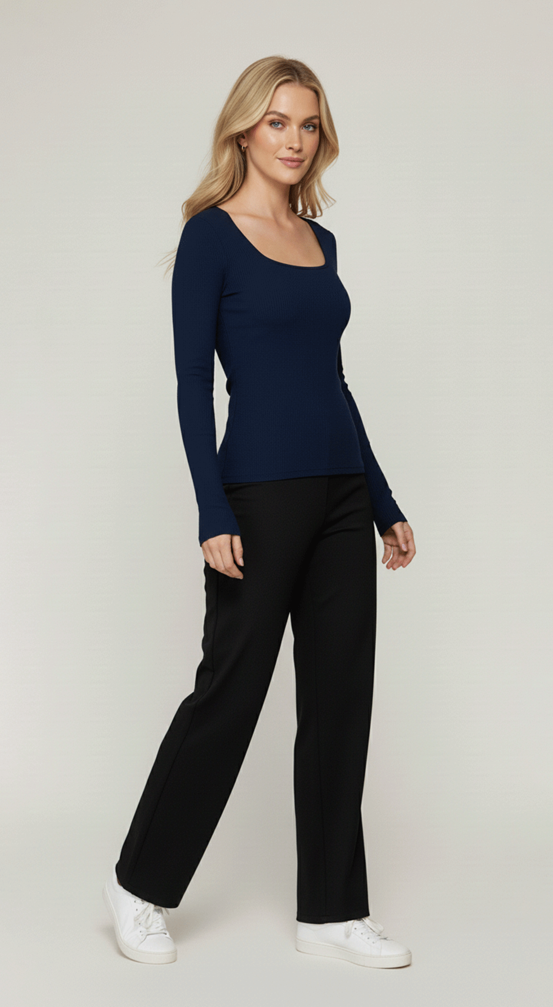 Long Slv Square Neck Double Layer Rib Knit Top