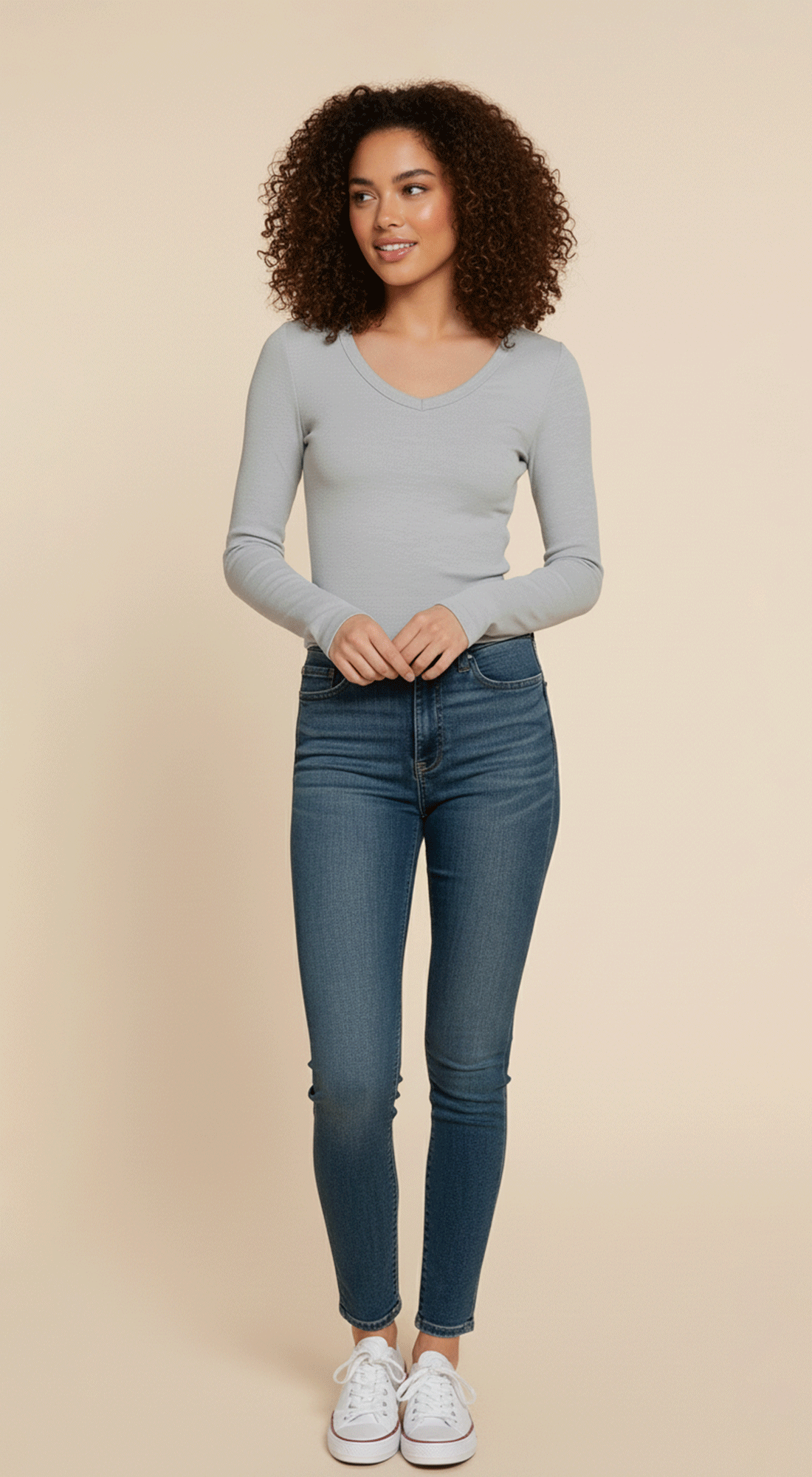 Long Slv V-neck Rib Seamless Top