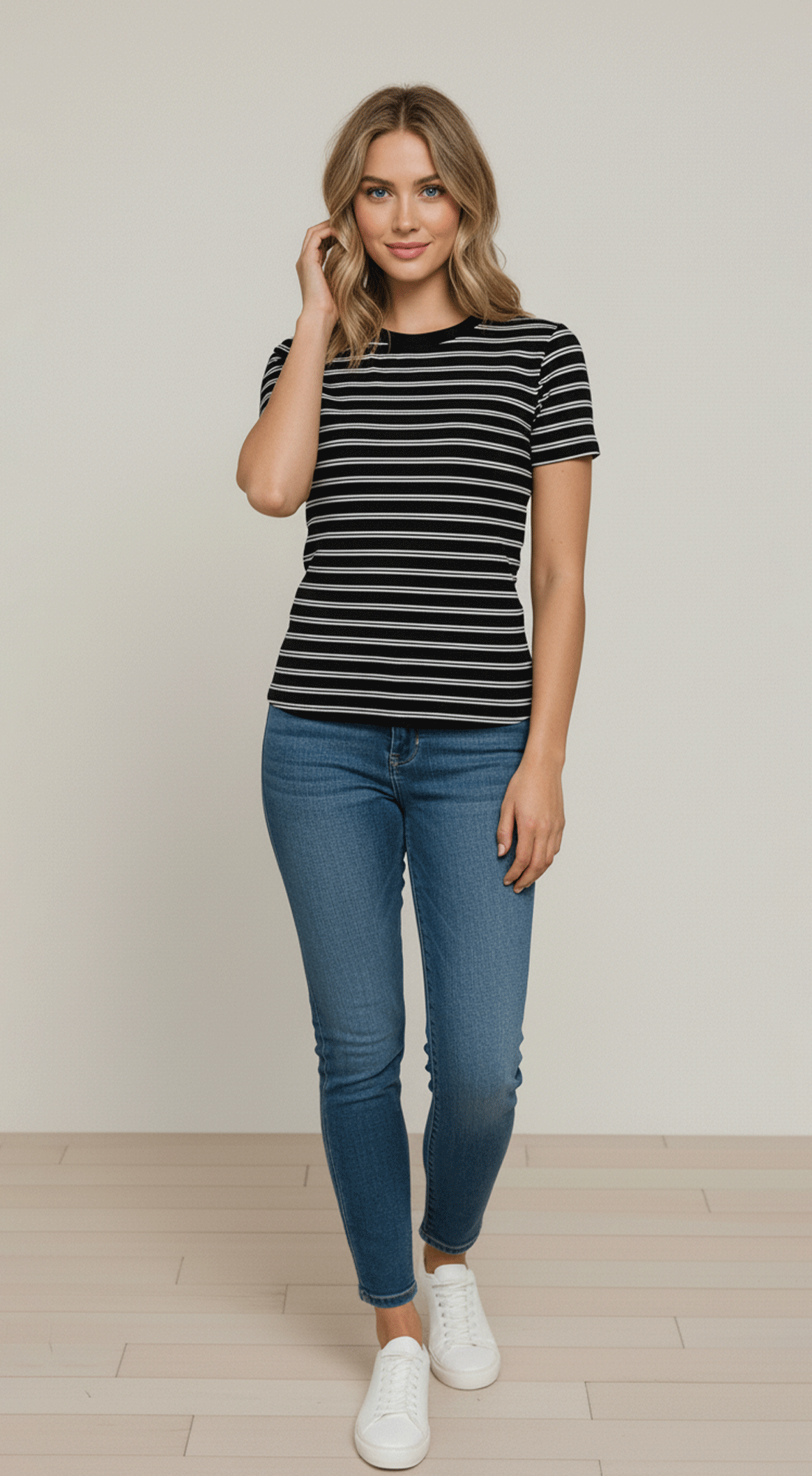 Short Slv Stripe Seamless Top
