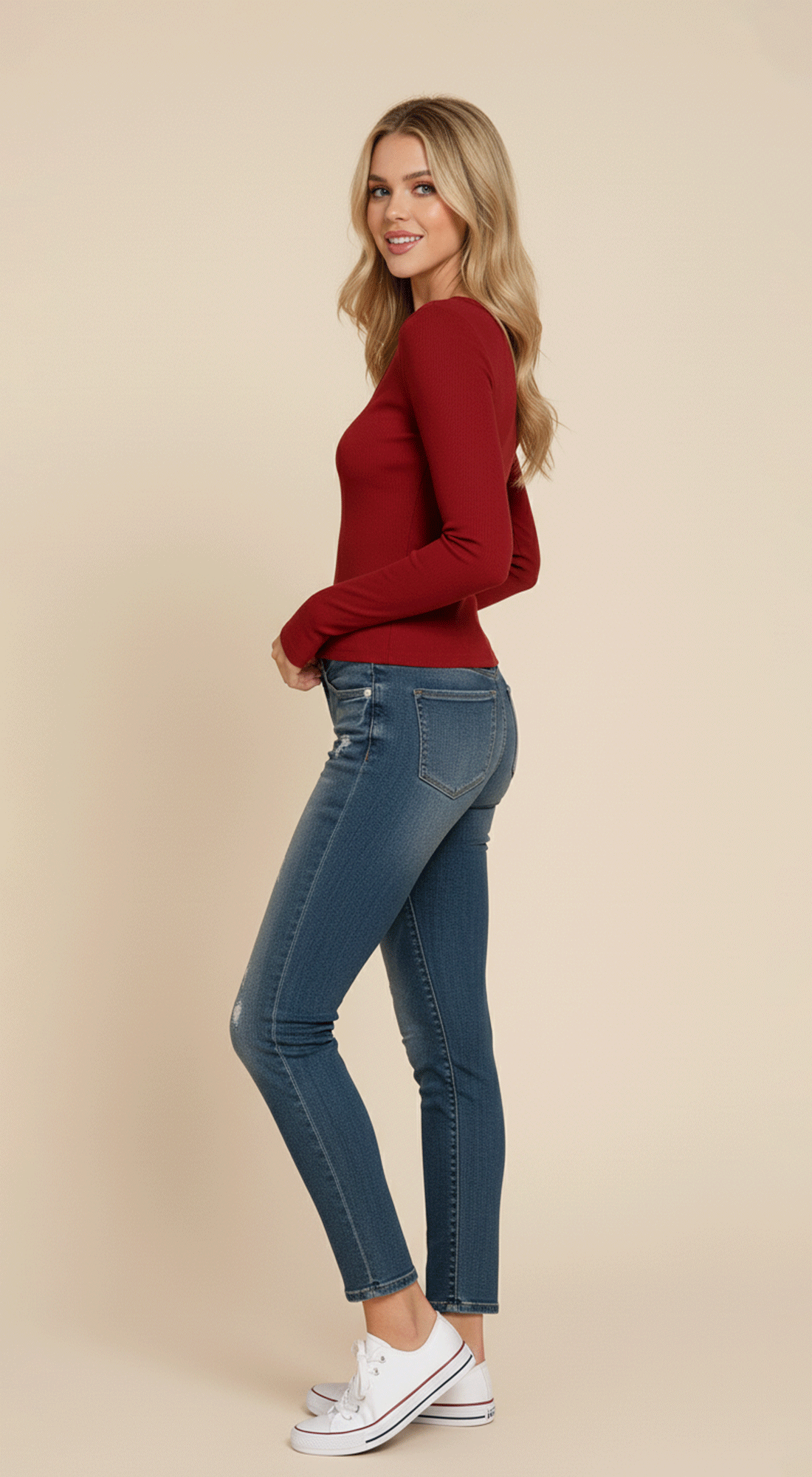 Long Slv V-neck Rib Seamless Top