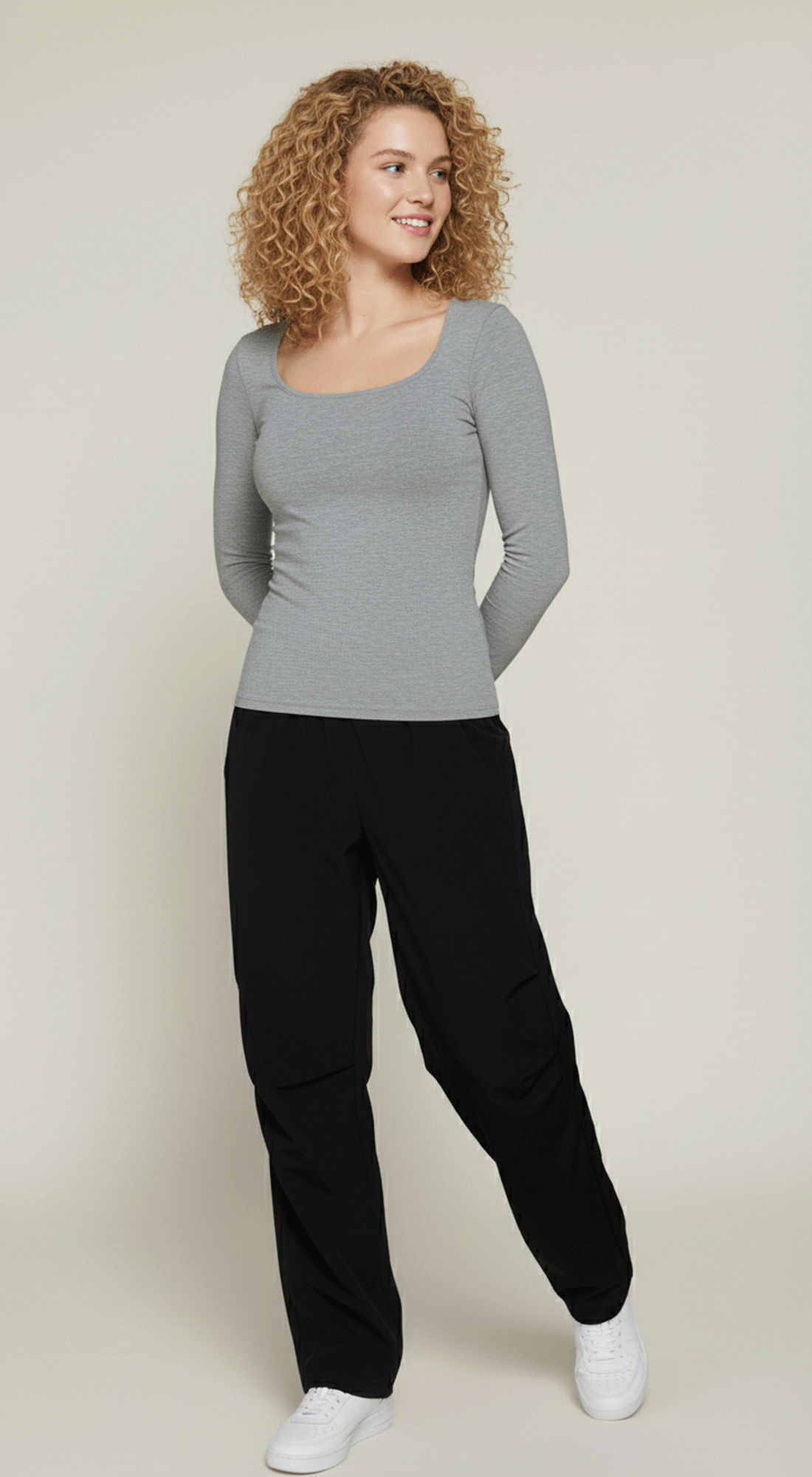 Long Slv Square Neck Double Layer Rib Knit Top