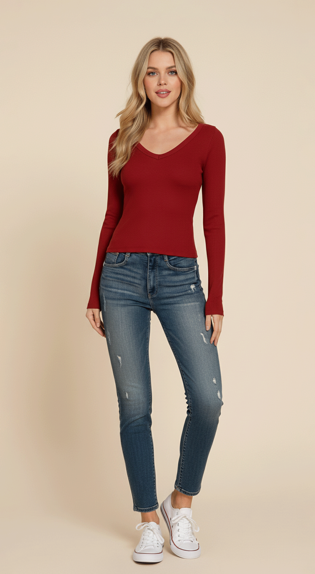 Long Slv V-neck Rib Seamless Top