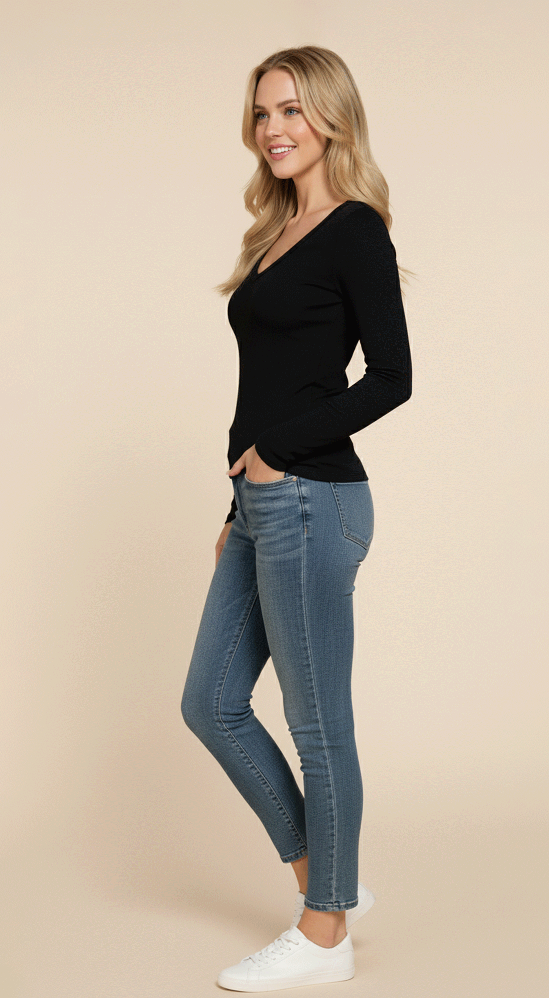 Long Slv V-neck Rib Seamless Top