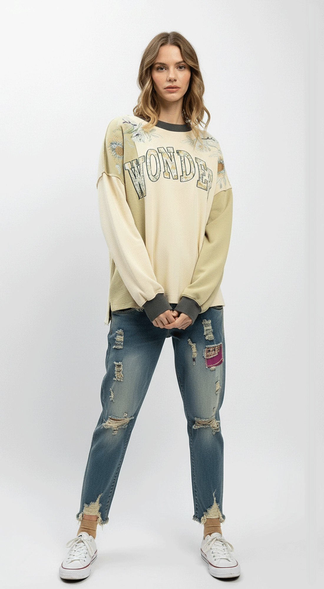 Flower Embroidery Wonder Patch Color Block Top