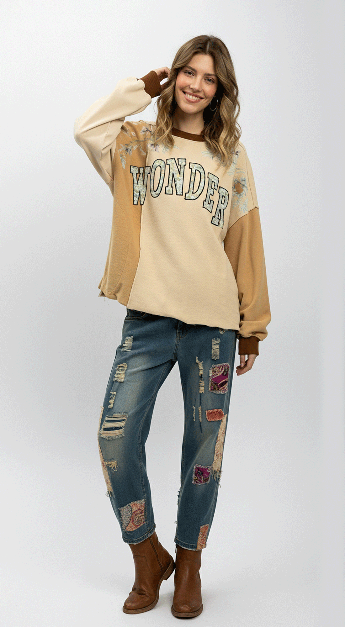 Flower Embroidery Wonder Patch Color Block Top