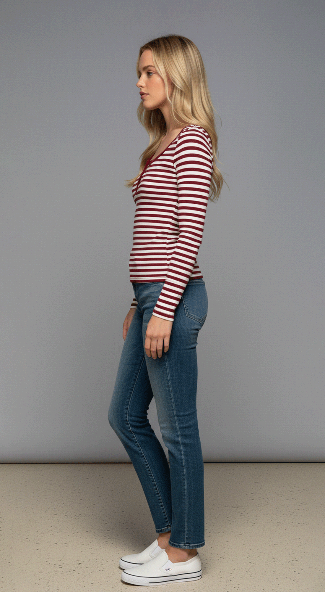 Long Slv Henley Neck Stripe Brushed Rib Top
