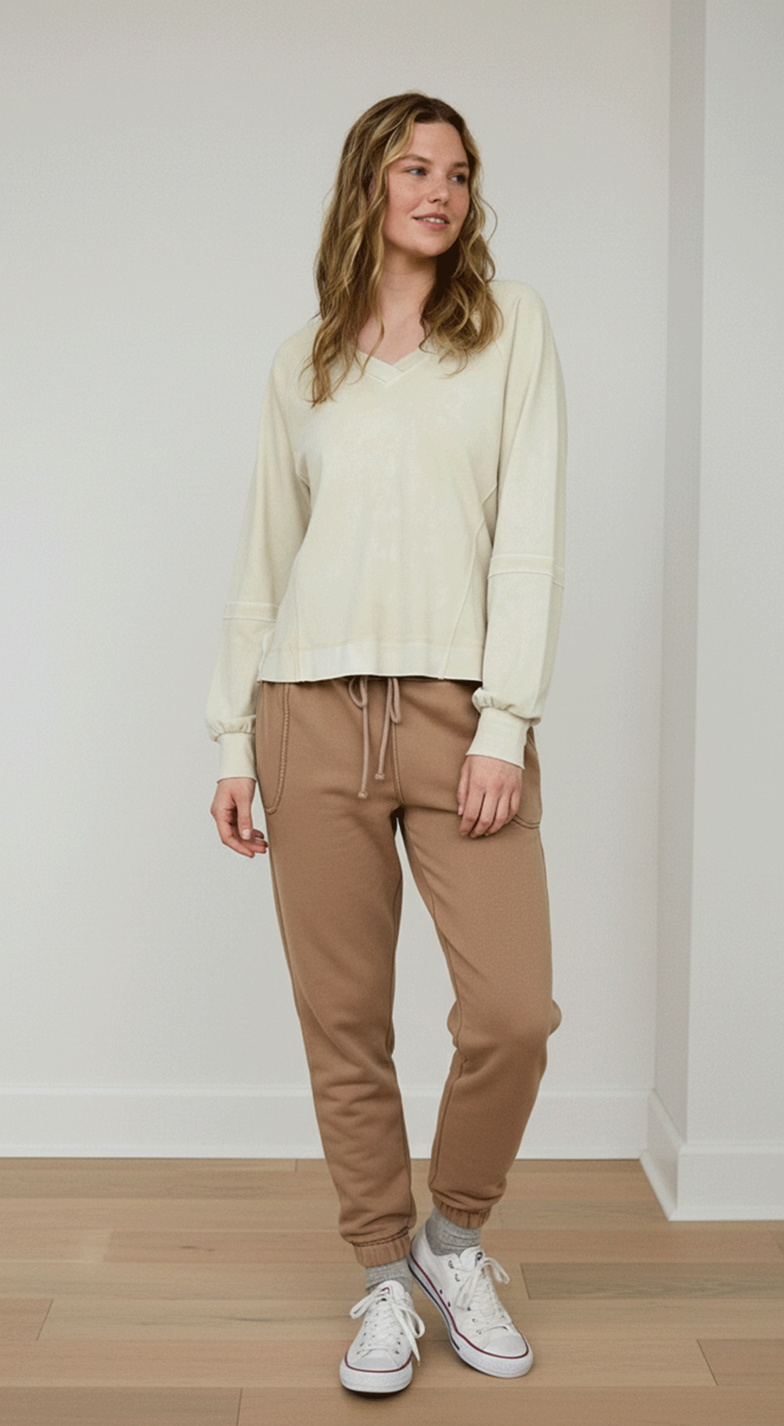 Washed V Neck Exposed Seam Long Sleeve Knit Top