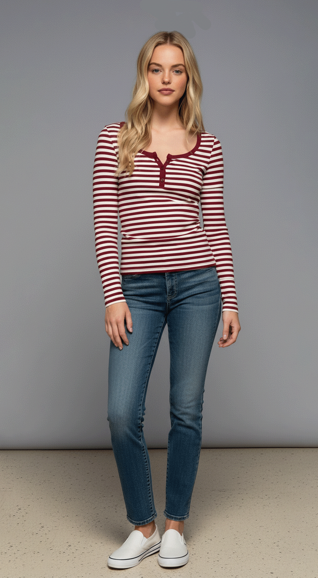 Long Slv Henley Neck Stripe Brushed Rib Top