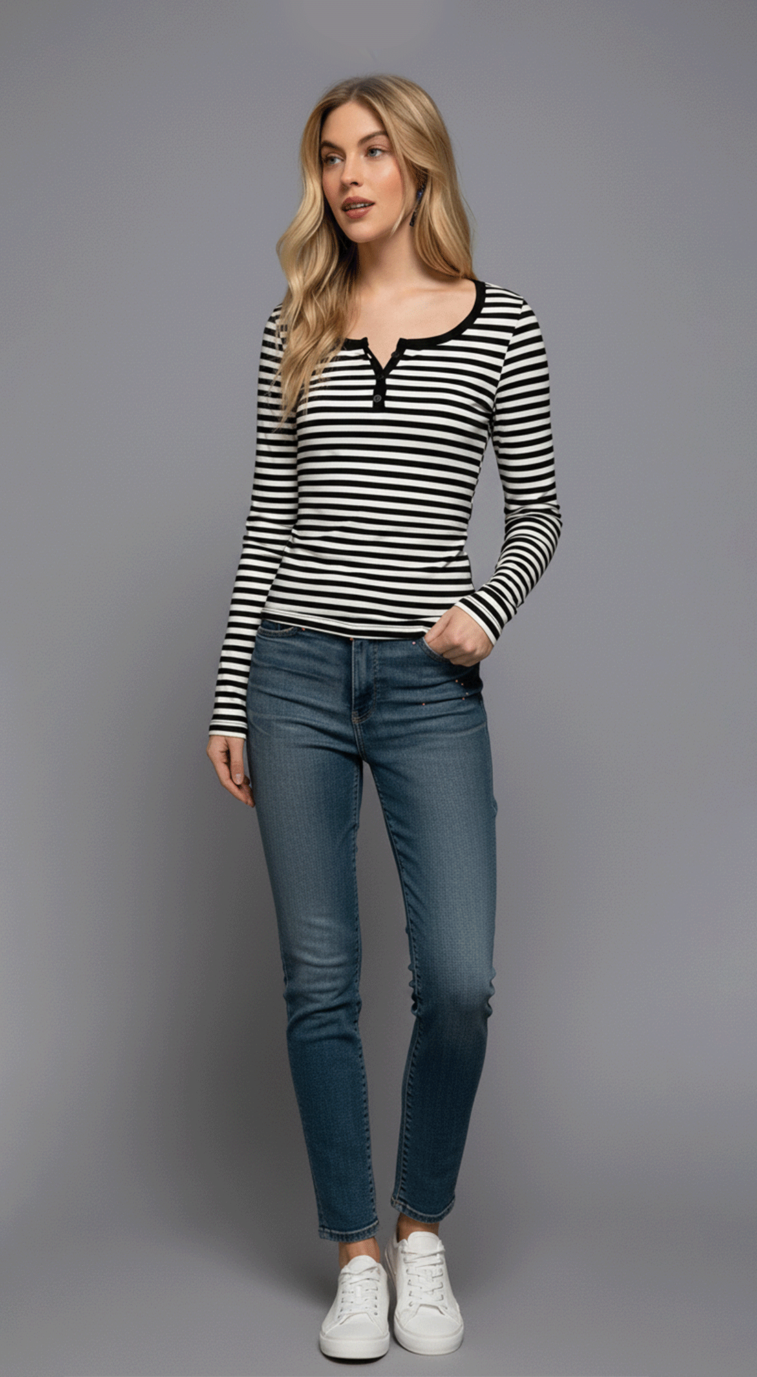 Long Slv Henley Neck Stripe Brushed Rib Top