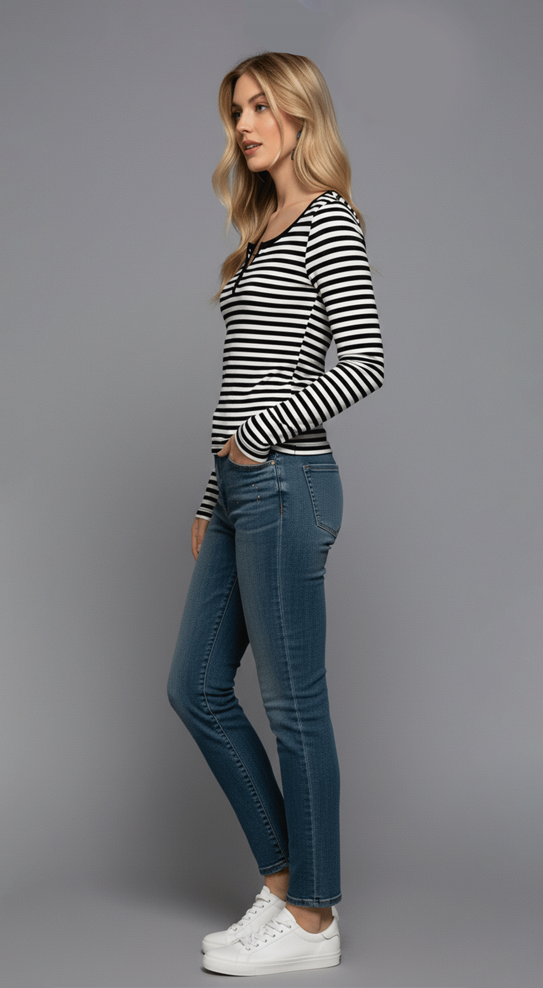 Long Slv Henley Neck Stripe Brushed Rib Top