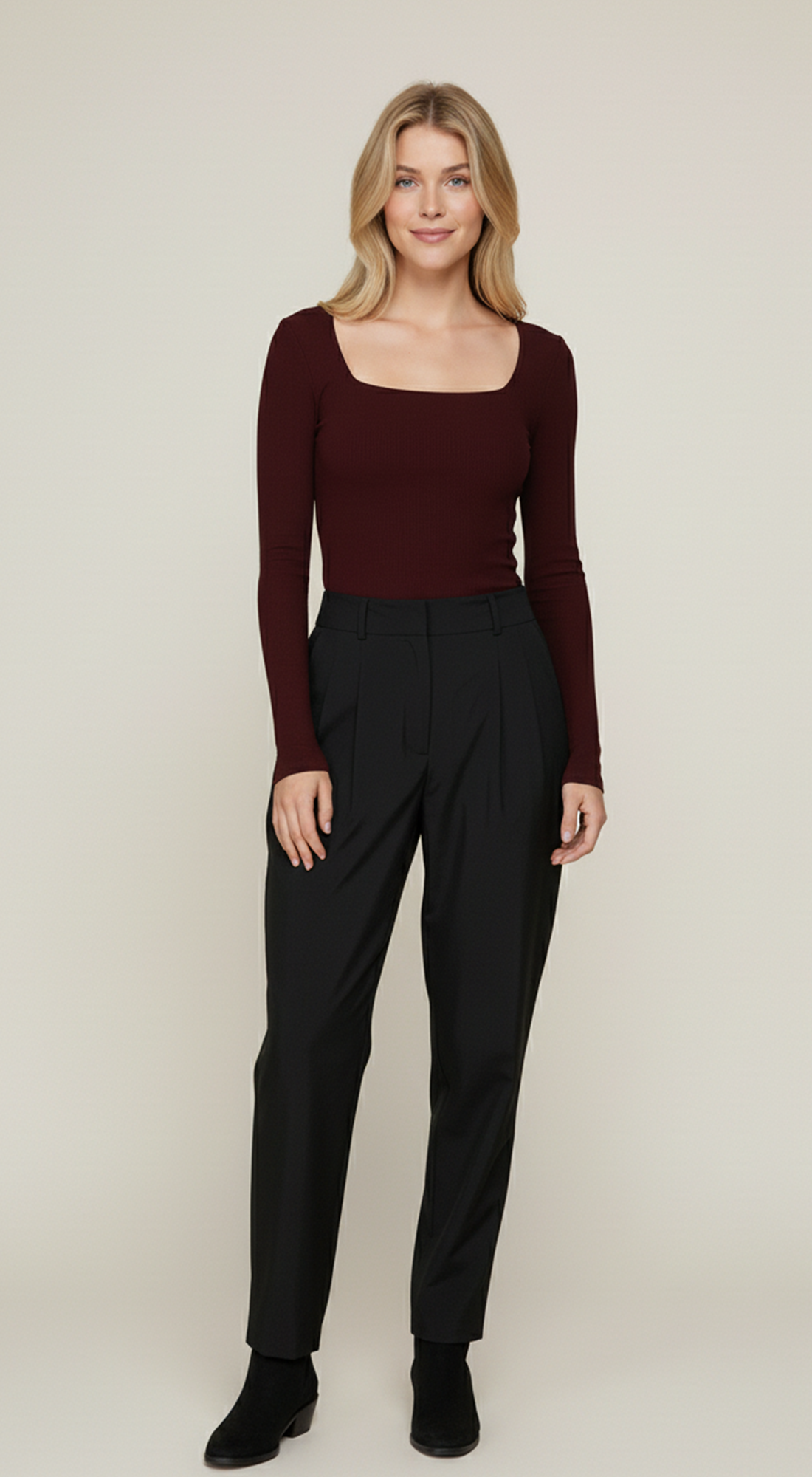 Long Slv Square Neck Double Layer Rib Knit Top
