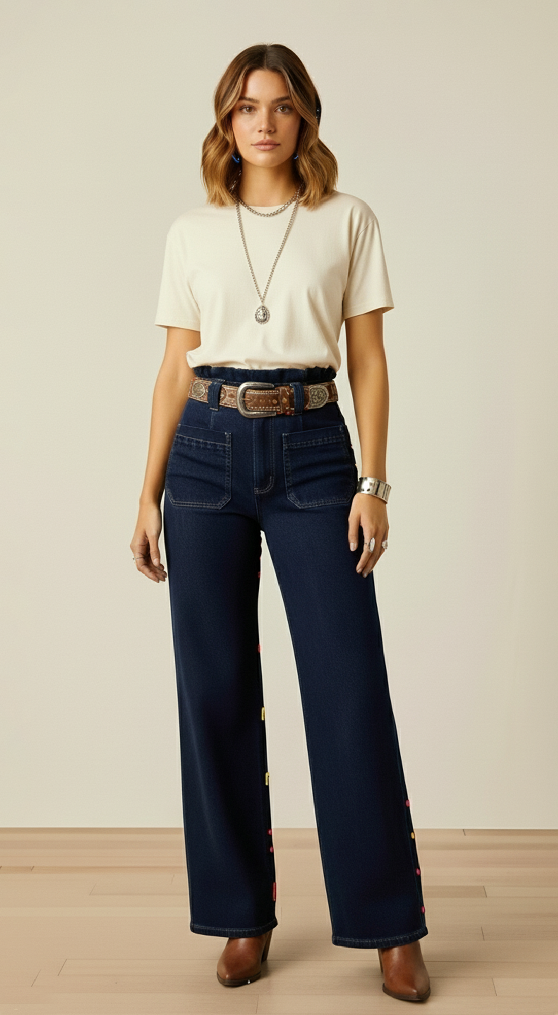 Wide Leg Patch Pocket Jeans